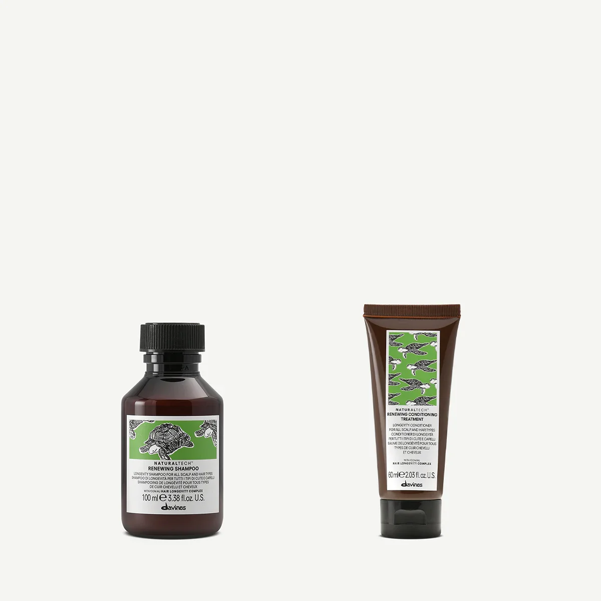 A bottle of Davines Naturaltech renewing shampoo and a tube of Davines Naturaltech renewing conditioning treatment on a plain white background.