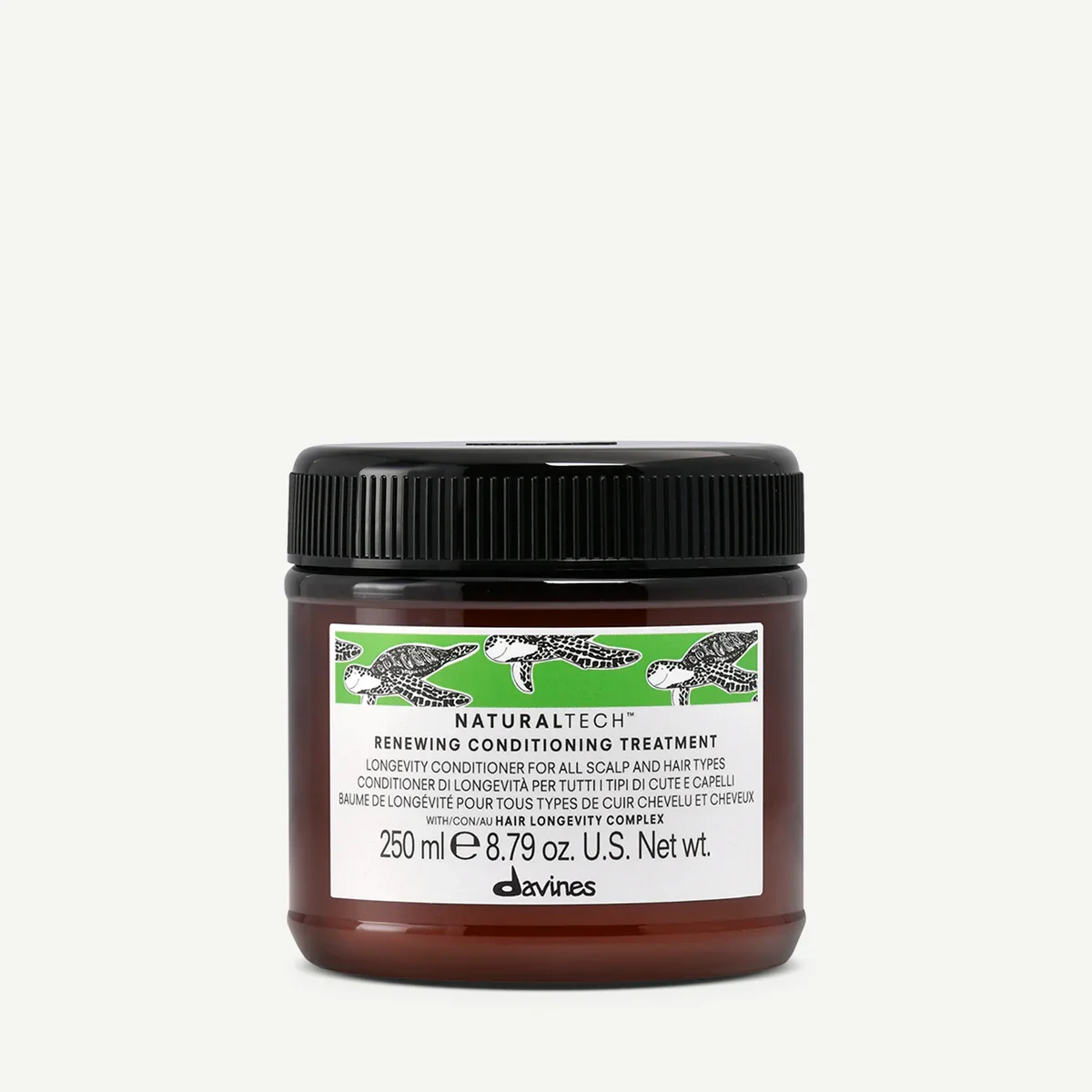 A brown jar of Davines Naturaltech Renewing Conditioning Treatment with a black lid, labeled with images of lizards and text indicating it's a scalp and hair conditioner with hair longevity complex, 250 ml (8.79 oz)