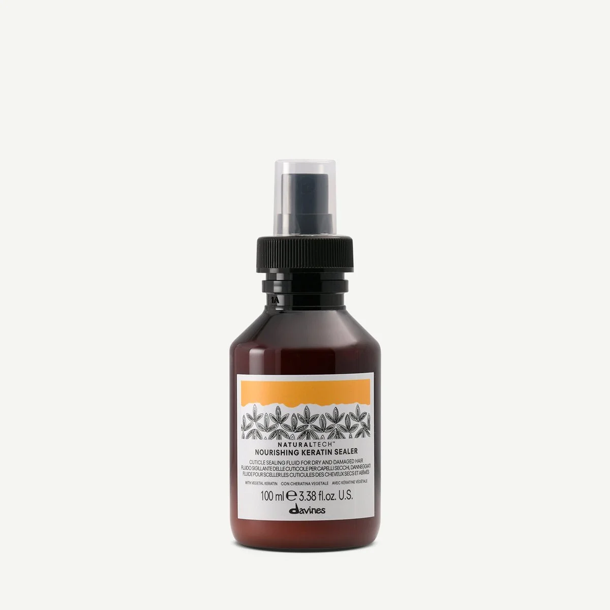 A 100ml brown bottle of Davines Nourishing Keratin Sealer with a black spray cap and transparent cover, labeled with product details and decorative leaf design.