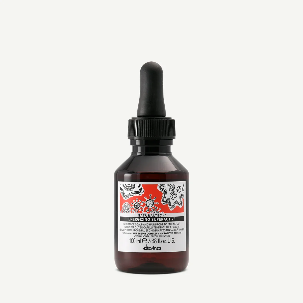 Dark brown bottle of Davines Energizing Superactive serum with a black dropper cap, white label with graphics and text, on a plain white background.
