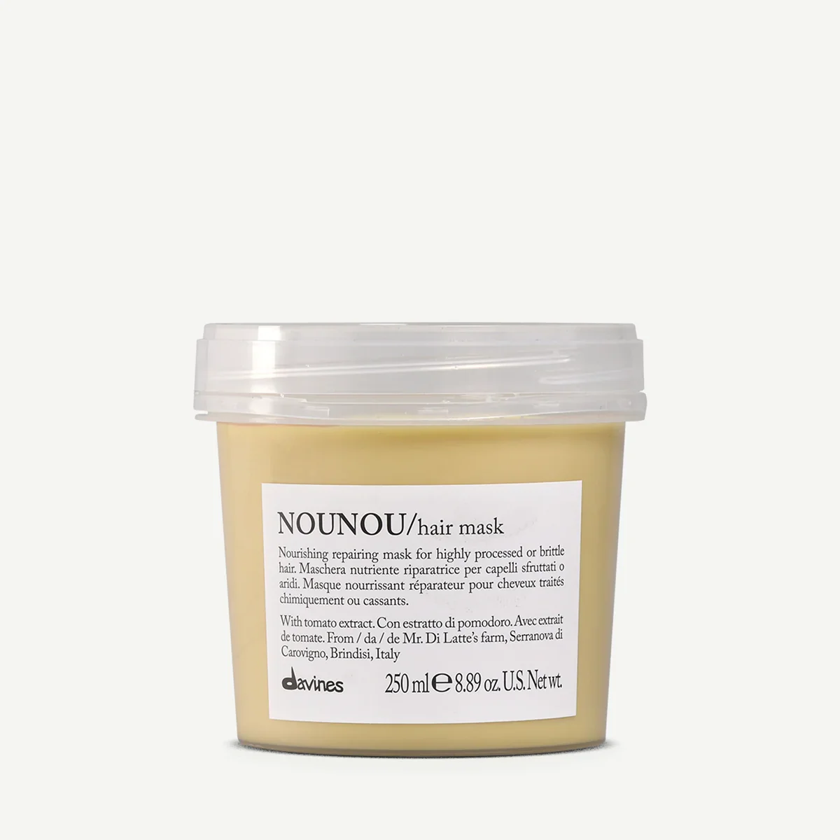 NOUNOU hair mask container with white label, black text, located on a plain white background.