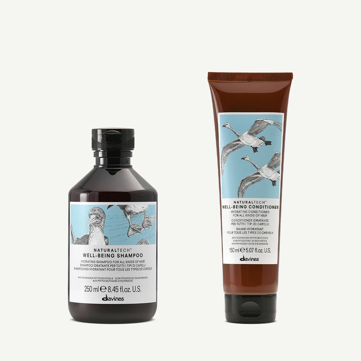 A bottle of Davines Well-Being Shampoo and a tube of Davines Well-Being Conditioner, both with illustrations of flying geese on their labels, against a plain light background.