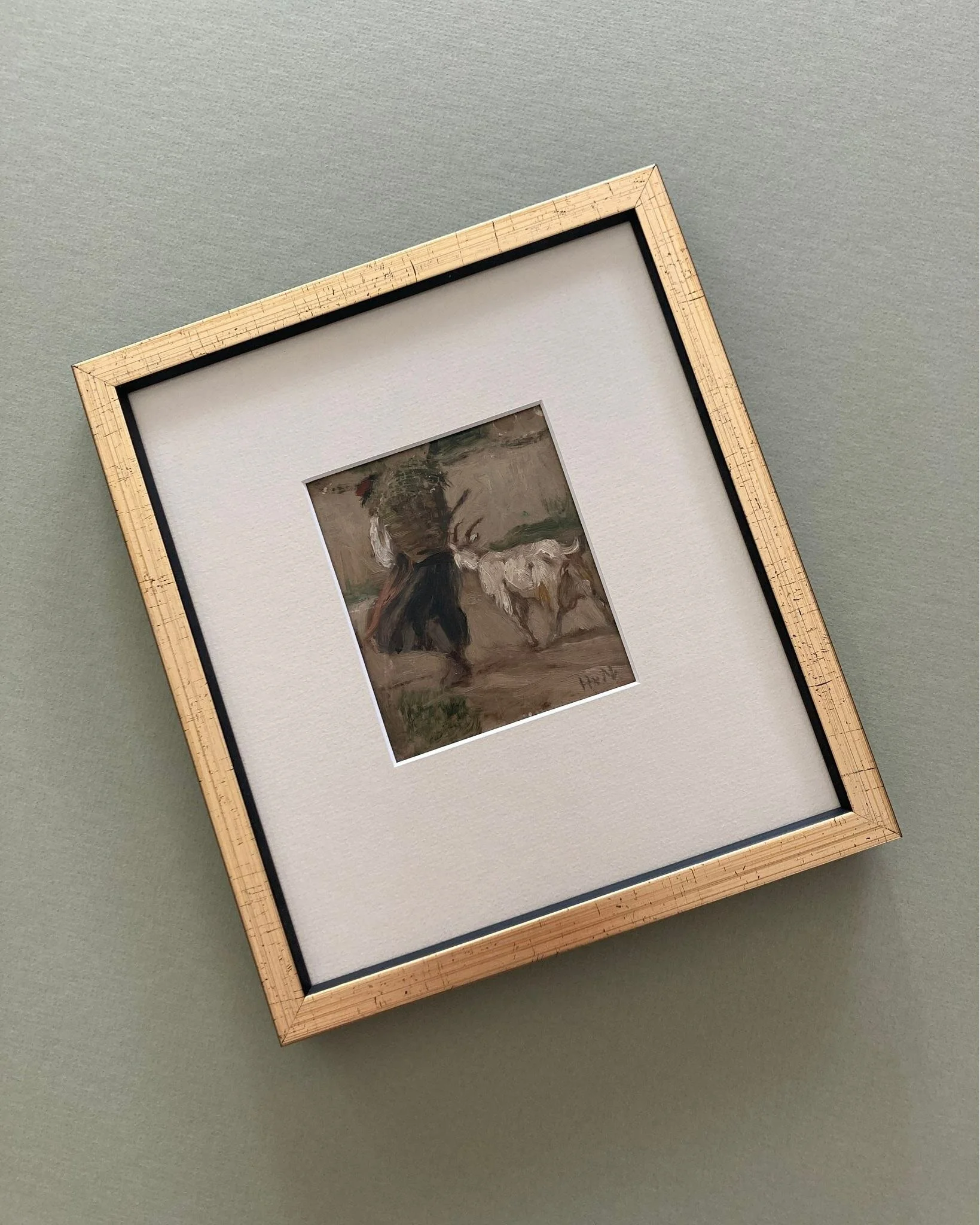 Oil on paper by Henri van Muyden, circa 1900.

I adore this little painting which was due for an upgrade from its dark green mat and heavy timber frame (a before photo would've been helpful!). All the details were on the back, which couldn't be separ