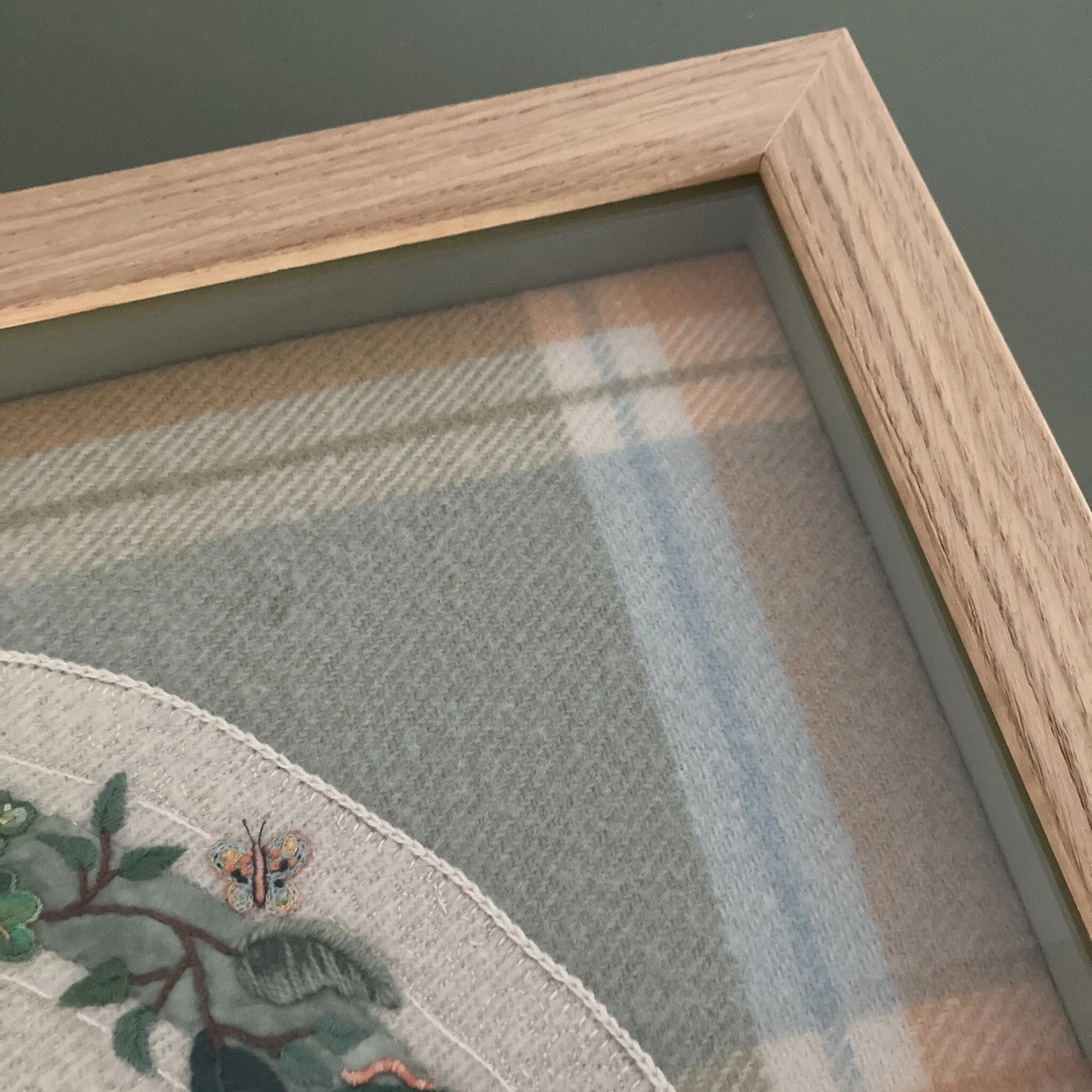 Love this piece! 💚🧡💙

This blanket was too precious to use - so now it's framed.  It needed a spacer to keep the blanket away from the glass, so we went for a complimentary green.  Stunning chunky oak frame from @larsonjuhl.