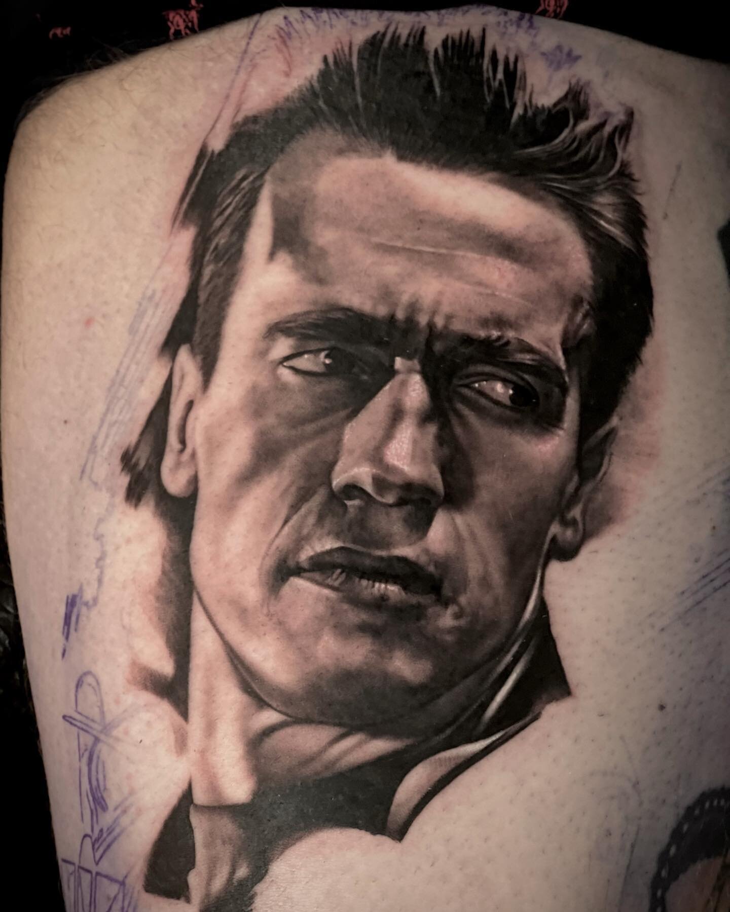 WIP. It was great to tattoo fellow inkslinger @jacobtattoo_ yesterday. We made a good start on his #terminator2 thigh piece yesterday. Really missing the Sony ar74 right now for good photos of my tattoos. @bishoprotary wand, @tatfat_supply @criticalt