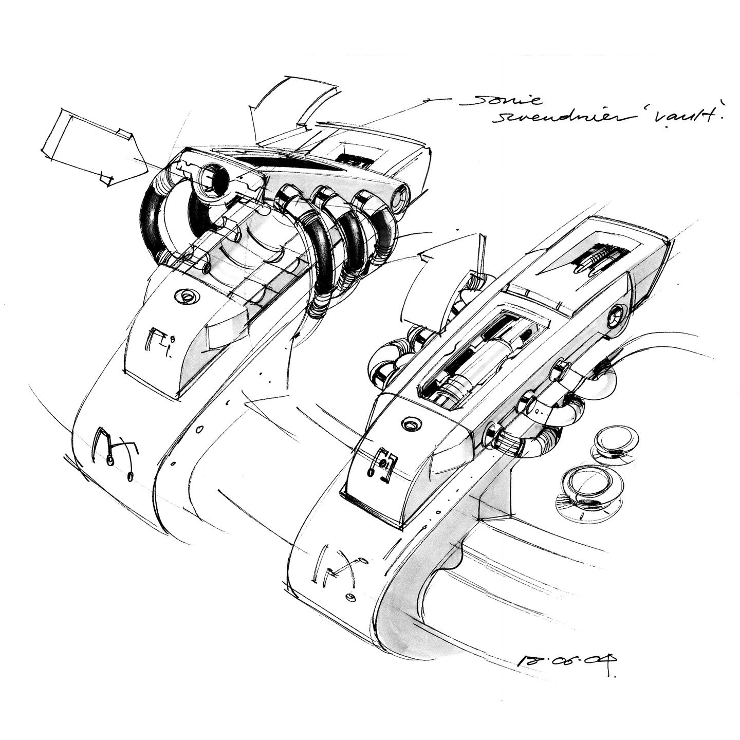 Doctor Who 2004

9th Doctor's Tardis Console Detail sketch from waaaay back in the late spring of 2004. The Sonic Screwdriver and console shared the same material DNA, so we considered a docking port or 'vault' for the device. Ultimately, the design 