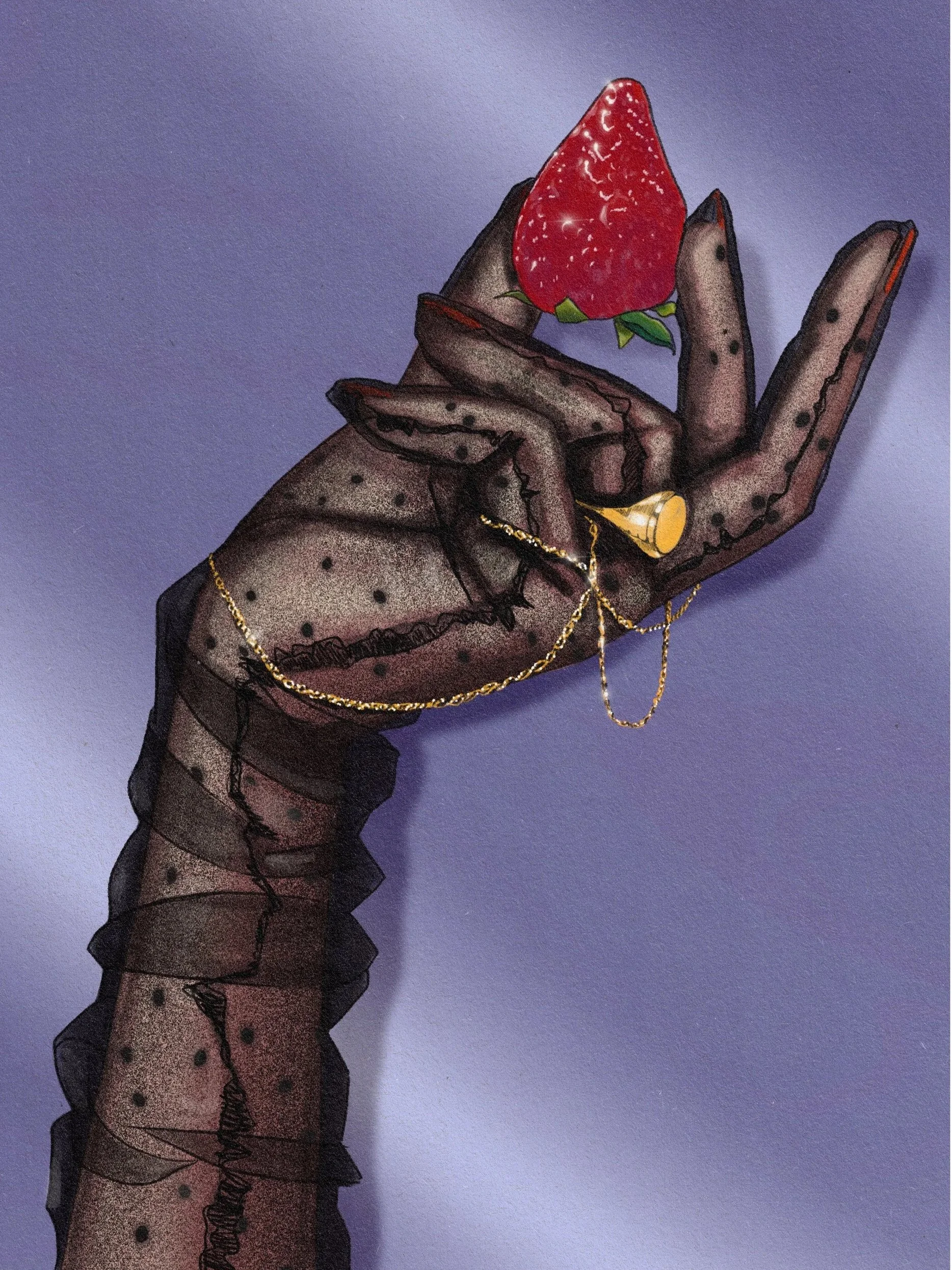 Illustration of a hand wearing black fishnet gloves holding a strawberry with gold jewelry, set against a purple background.