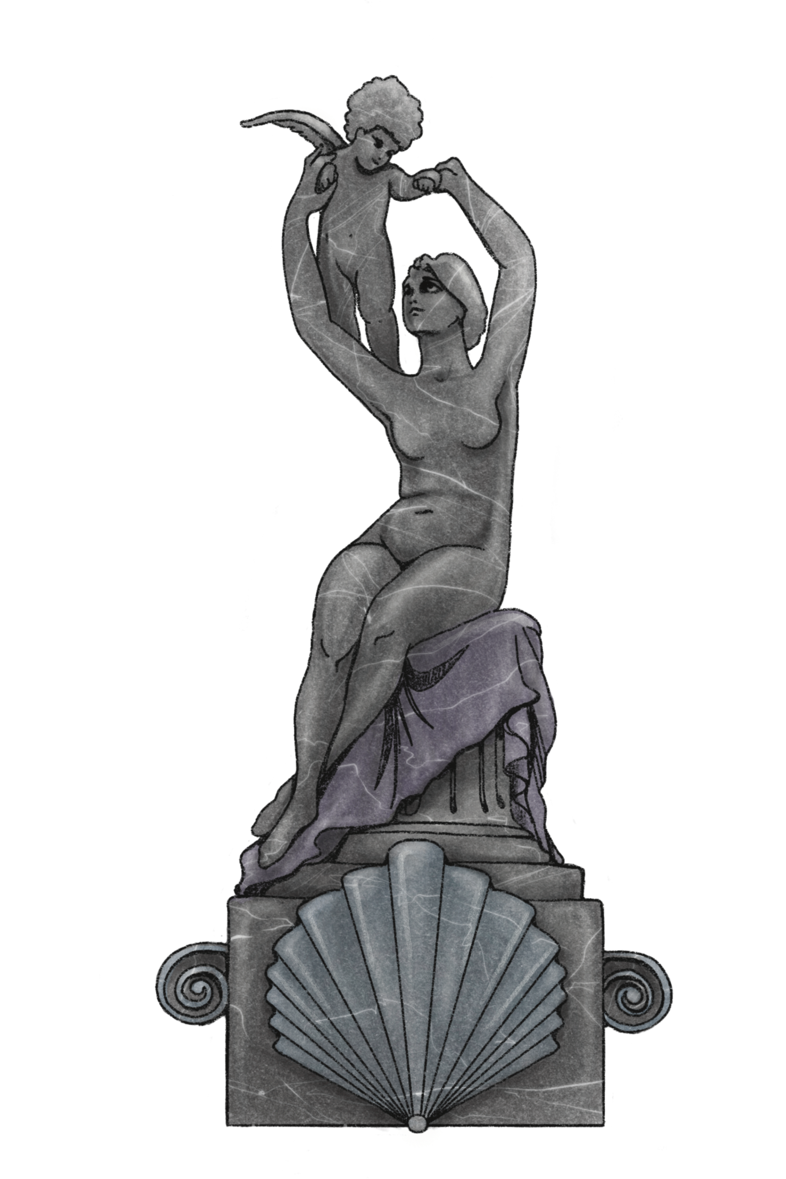 A black and white sculpture of a woman seated on a decorative base, holding a figure of a child above her head.