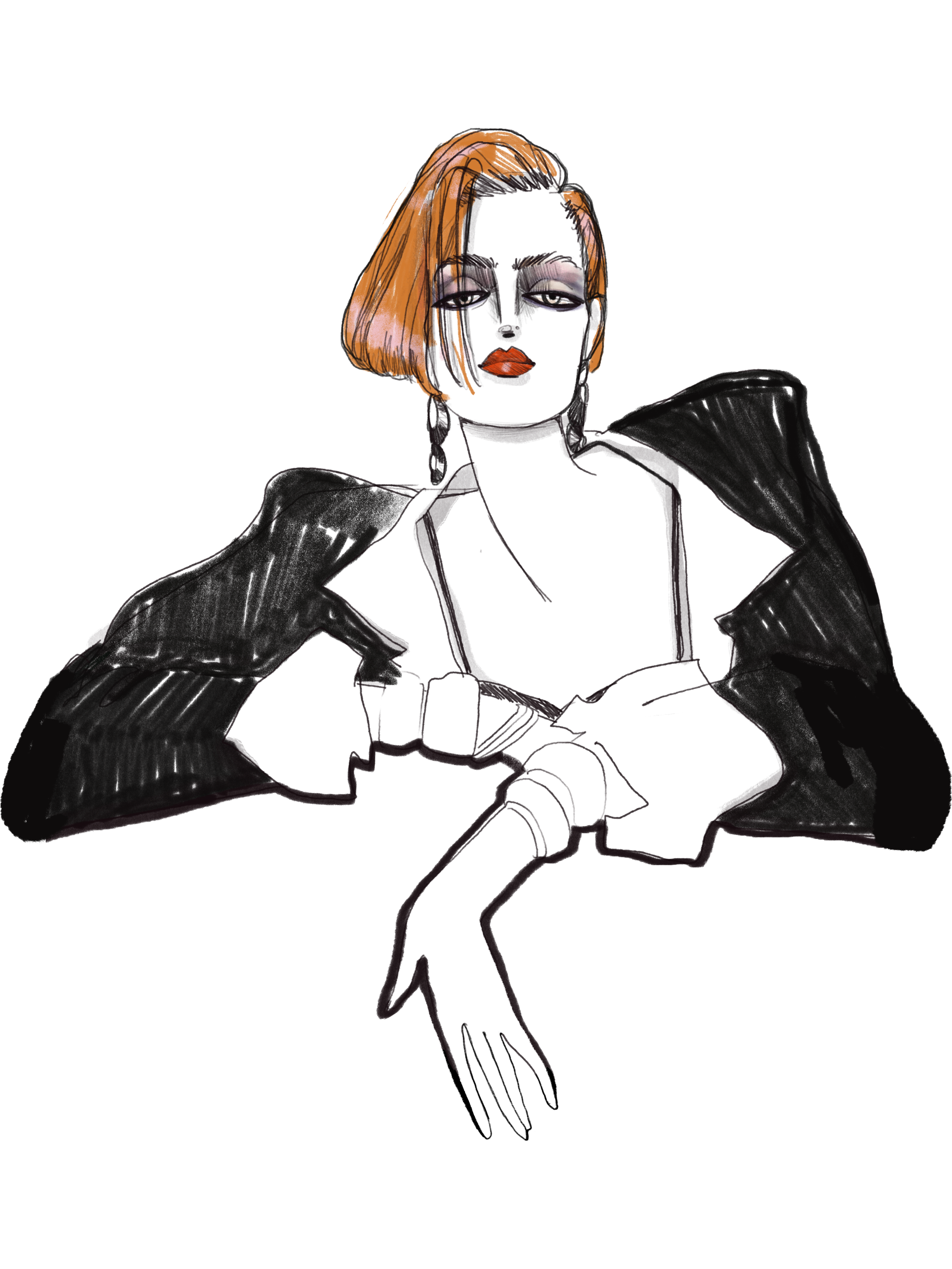 Stylized digital portrait of a woman with short blonde hair, red lips, wearing a black outfit with sculpted shoulders, against a black background.