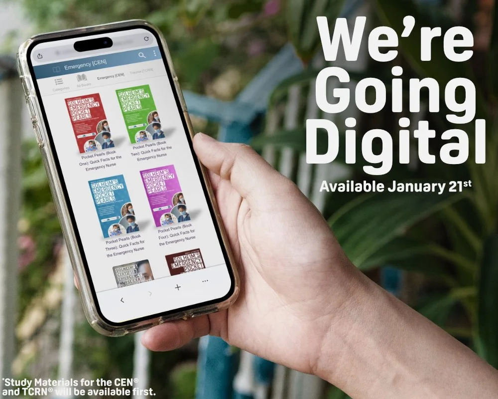 A person holds a smartphone displaying emergency pocket guides with colorful covers, with a background of green plants and the text 'We're Going Digital' and 'Available January 21st'.