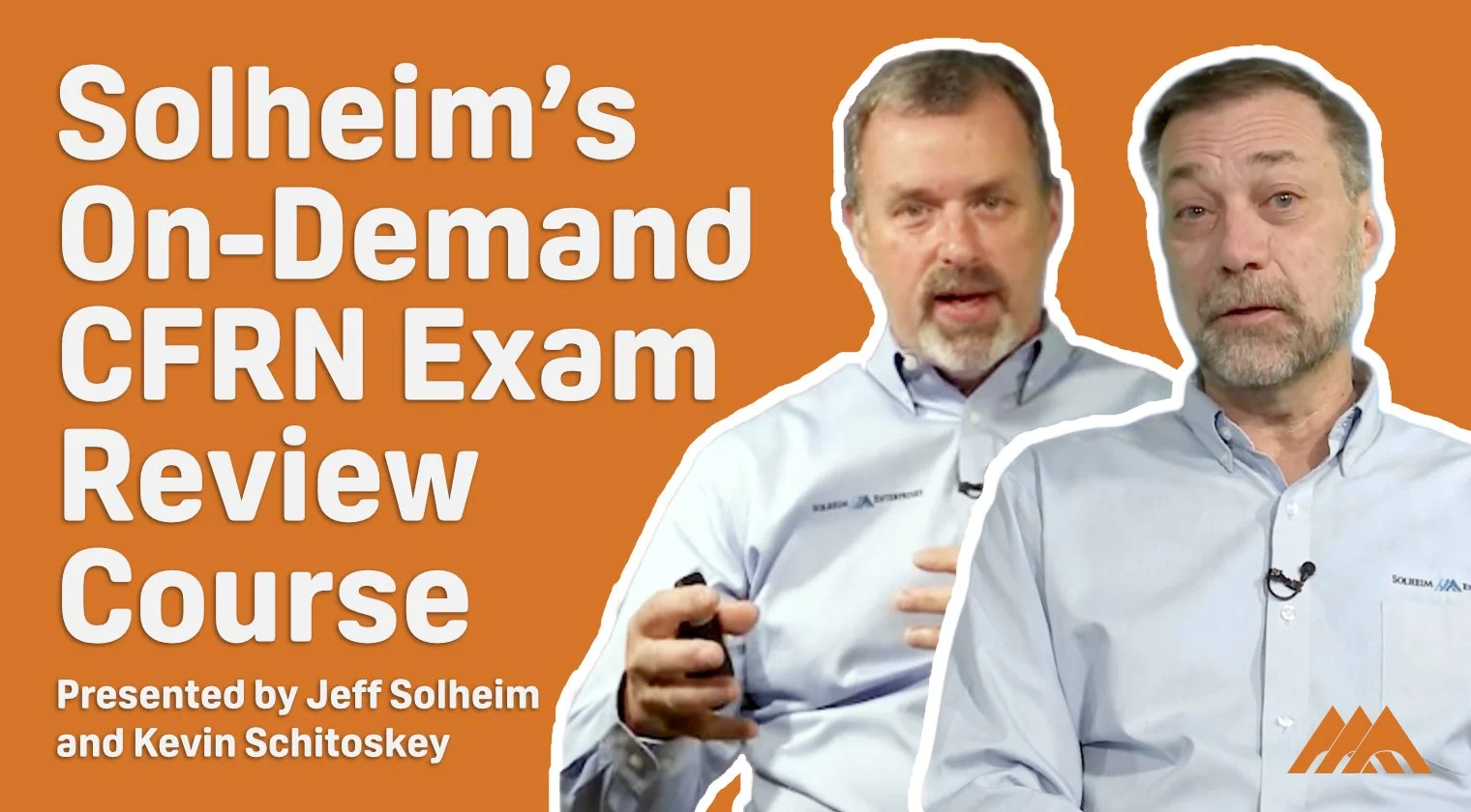 Promotional graphic for CFN Exam Review Course, featuring a background pattern with the repeated phrase 'Solheim's CFN Exam Review Course' in orange and white text, with large white text overlay stating 'CFN Exam Review Course' and smaller text below indicating 'Live, Virtual, or On-Demand'.