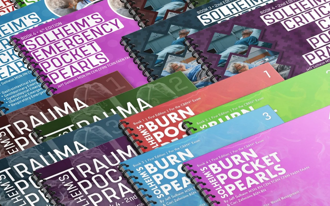 Collection of spiral-bound medical books by Jeff Solheim focusing on emergency, trauma, burn care, and critical care. Colorful book covers show text and medical-themed images.