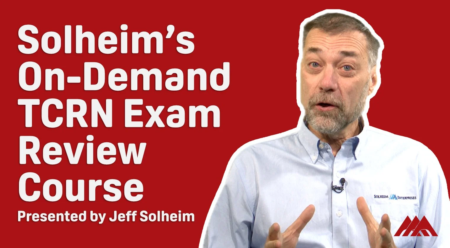 Text image promoting "TCRN Exam Review Course" offering live, virtual, or on-demand options, with a red background.