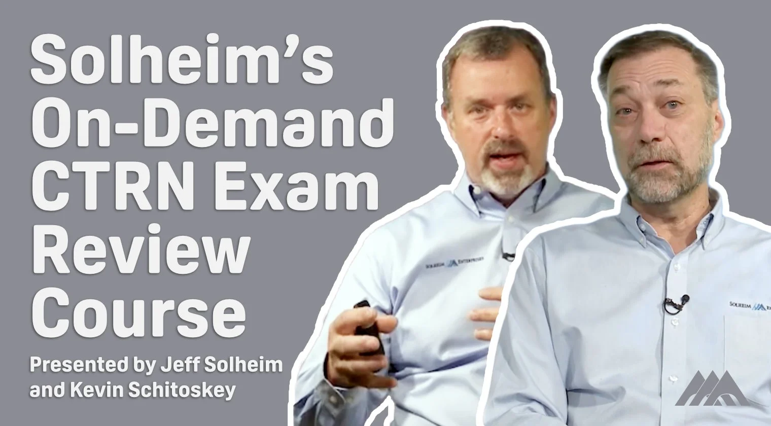 Text-based graphic promoting CRTN exam review course with options for live, virtual, or on-demand formats, set against a background with repeated 'Solheim's CRTN Exam Review Course' text.