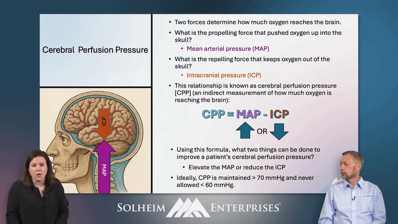 Rachel Ward (left) and Jeff Solheim (right) are shown discussing Cerebral Perfusion Pressure