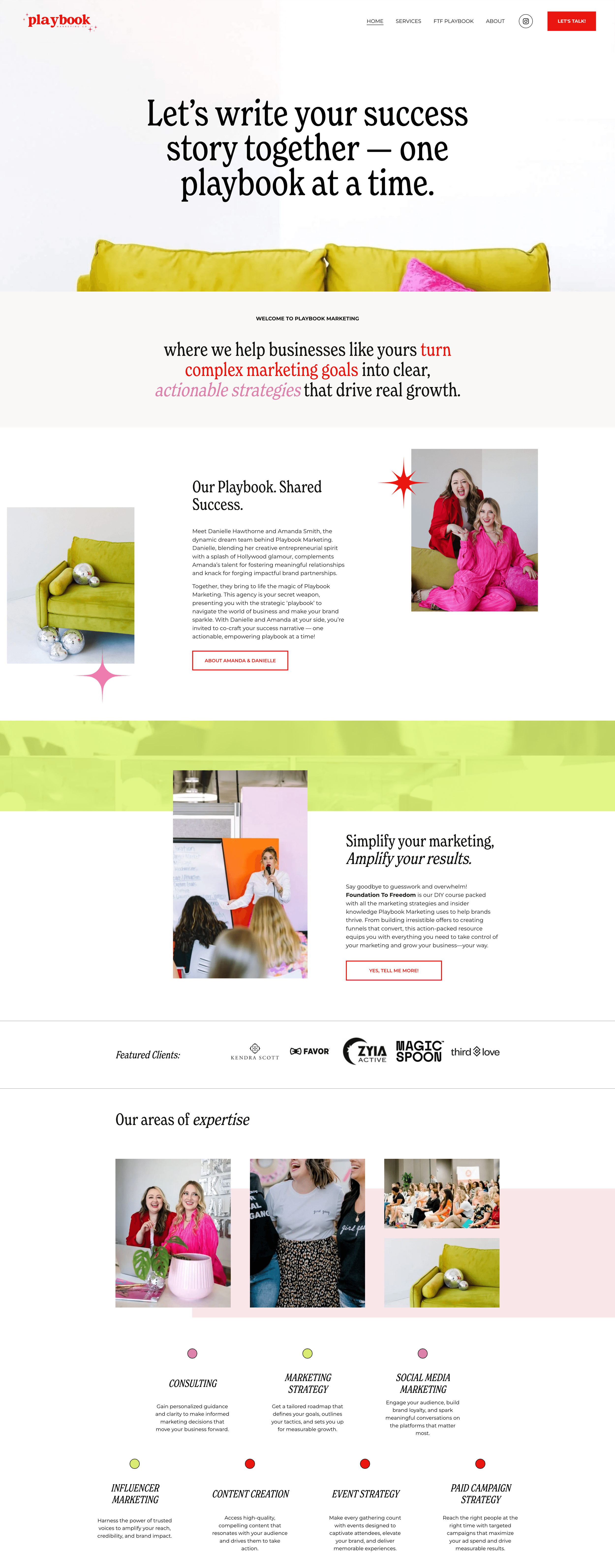 Screenshot of a website homepage for Playbook marketing, featuring a bold headline, images of a woman and children, colorful decor, and sections about marketing services and expertise.