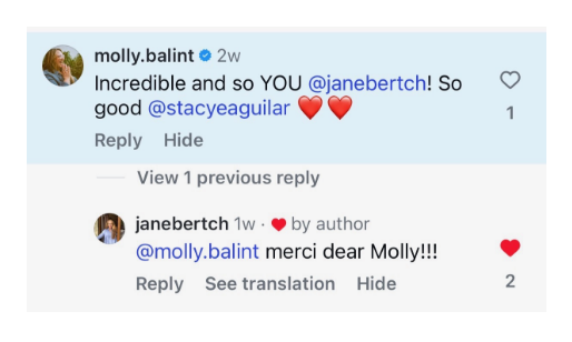 Screenshot of a social media comment thread between users molly.balint and janeberth, featuring positive messages and heart emojis.