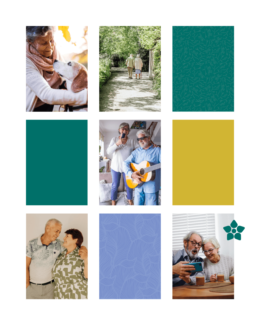 Collage of images featuring elderly people enjoying various activities. Top left shows a woman hugging a beagle dog. Top middle depicts a couple walking on a shaded path. Top right contains a teal patterned background. Middle left is a solid teal color. Middle center features a woman and a man with a guitar, singing and playing. Middle right has a mustard yellow patterned background. Bottom left shows an elderly couple smiling at each other. Bottom middle is a blue patterned background. Bottom right depicts an elderly man and woman laughing at a table with mugs, looking at a smartphone.