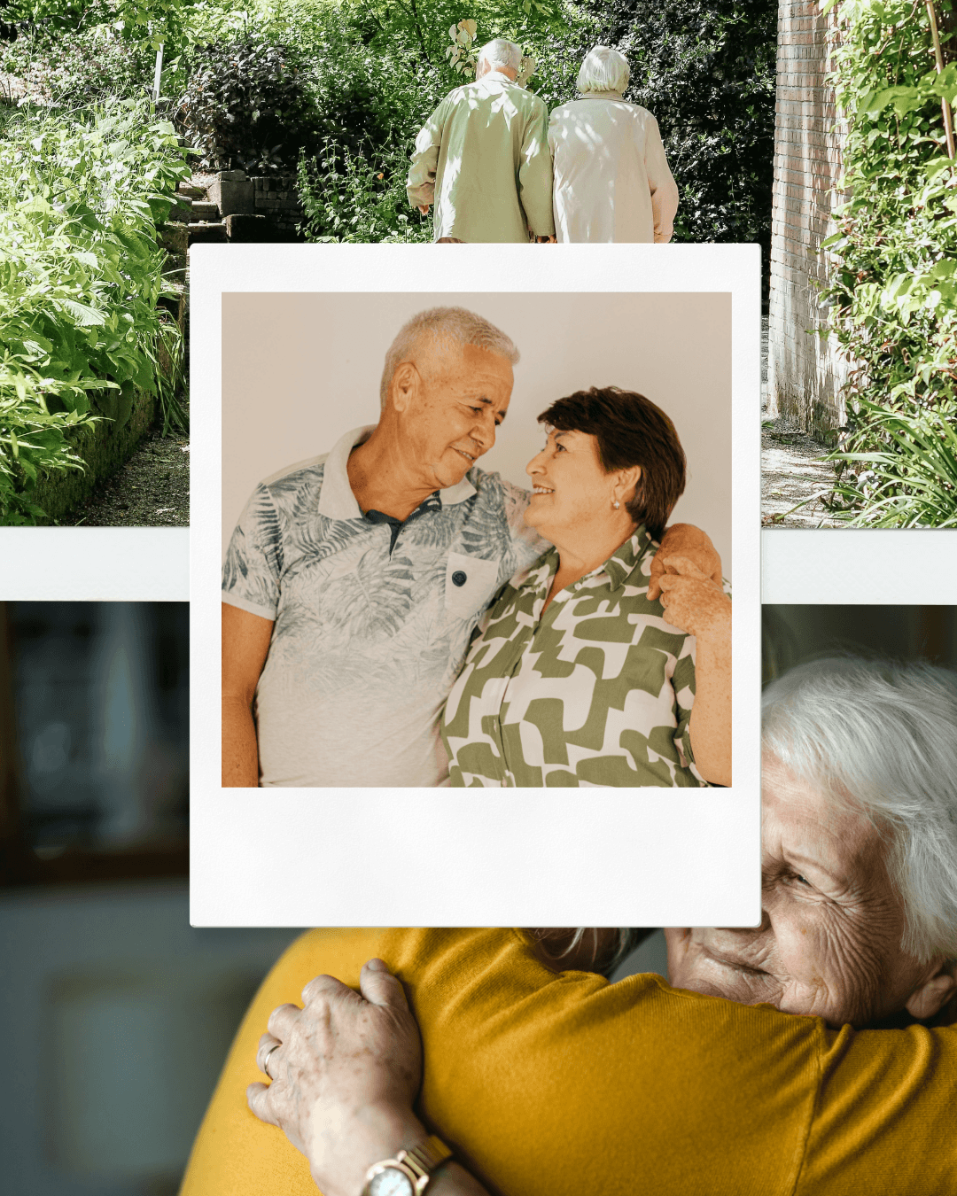 Multiple overlapping photos of elderly people. One photo shows a couple walking away from the camera in a garden, another shows an elderly man and woman smiling and looking at each other, and a third shows two women hugging, with one wearing a yellow top and the other with white hair.