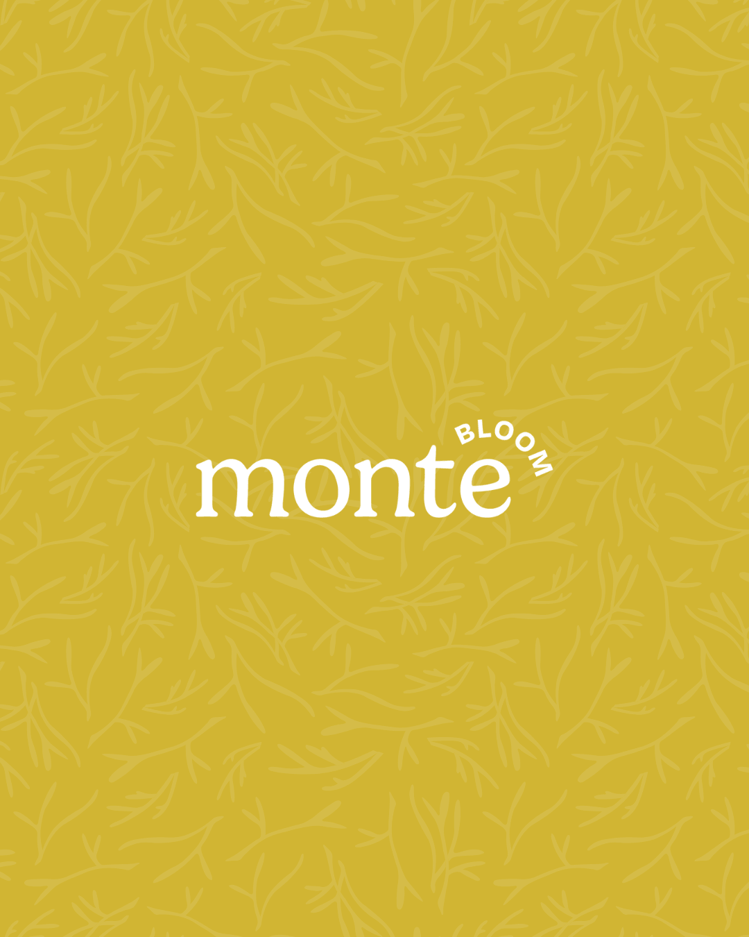 Yellow patterned background with the words "monte bloom" in white, stylized text, with "bloom" arched above "monte."