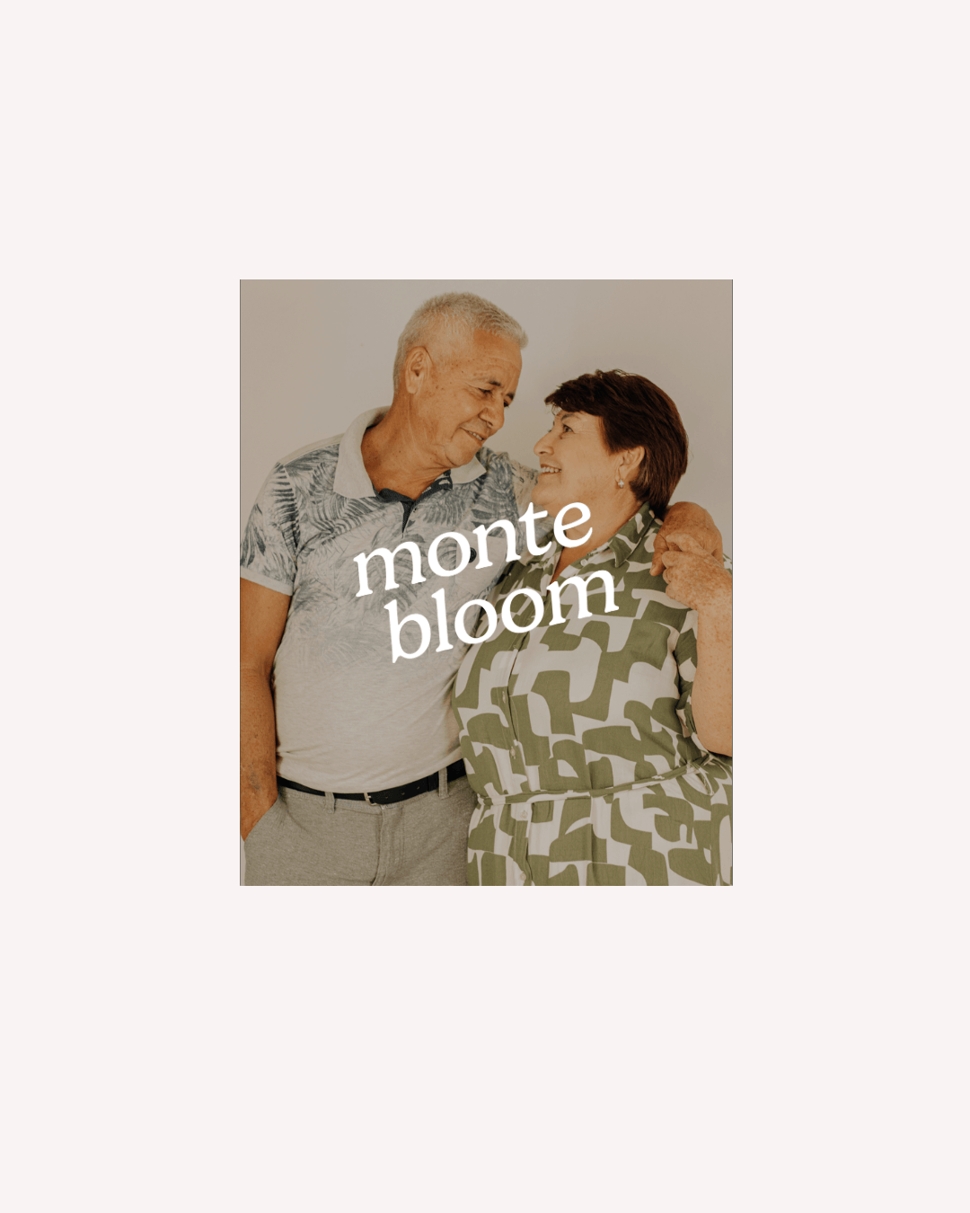 A senior man and woman smiling and looking at each other, with the text 'monte bloom' overlaid on the image.
