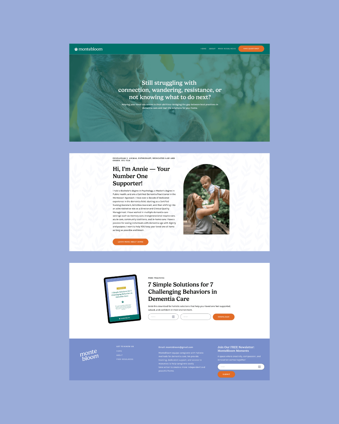 Screenshots of a website with three sections: the first shows a banner with a woman and dog, with text about struggling with connection and resistance; the second features a profile of Annie with her picture, text about her support work, and a call-to-action button; the third displays a downloadable guide titled '7 Simple Solutions for 7 Challenging Behaviors in Dementia Care' with an image of a digital tablet, and a footer with contact info, social media links, and a newsletter subscription form.