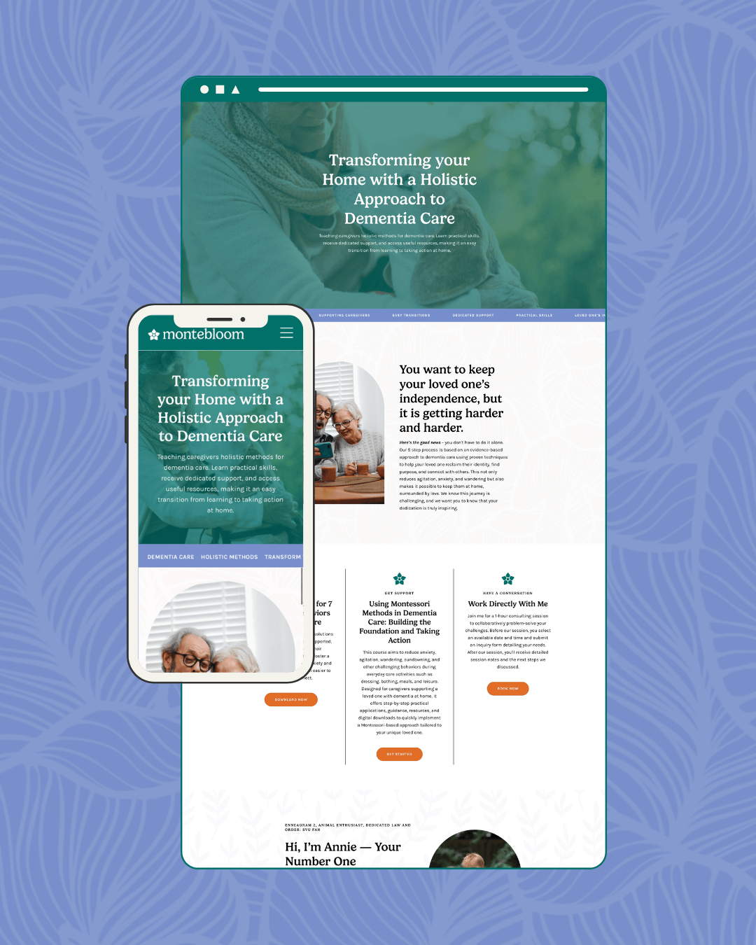 Website and mobile screen displaying a page about holistic dementia care with images of elderly people, supportive text, and navigation buttons, set against a blue floral background.