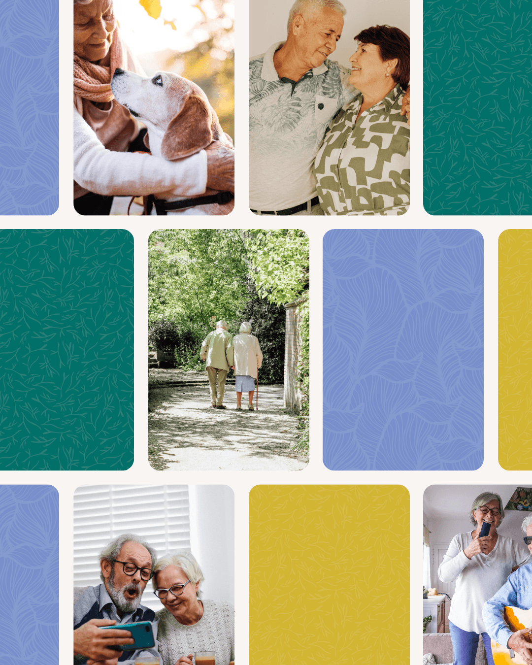 Collage of elderly people enjoying outdoor walk, sharing moments, and playing guitar, with a dog and cheerful interactions.