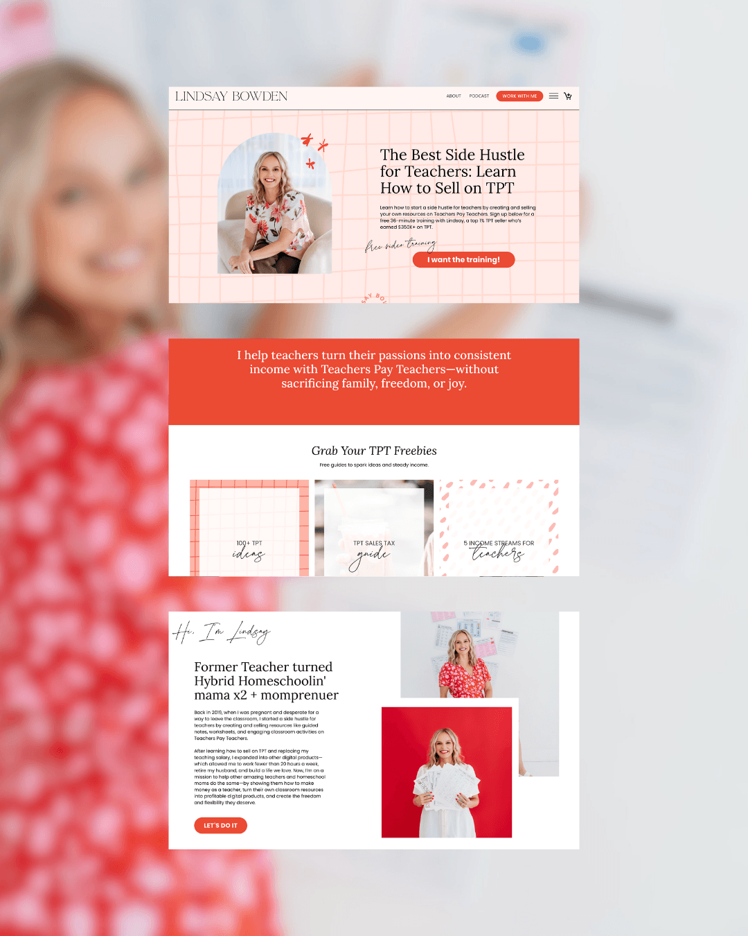 Screenshot of a webpage featuring Lindsay Bowden, with a portrait of a woman with blonde hair wearing a floral top, and various sections about coaching teachers and making income as an educator.