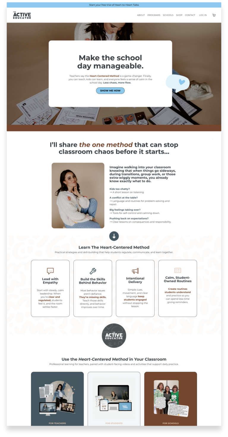 Screenshot of a webpage promoting a heart-centered method for managing classroom chaos, featuring a woman, educational materials, and sections explaining strategies for teachers, students, and schools.
