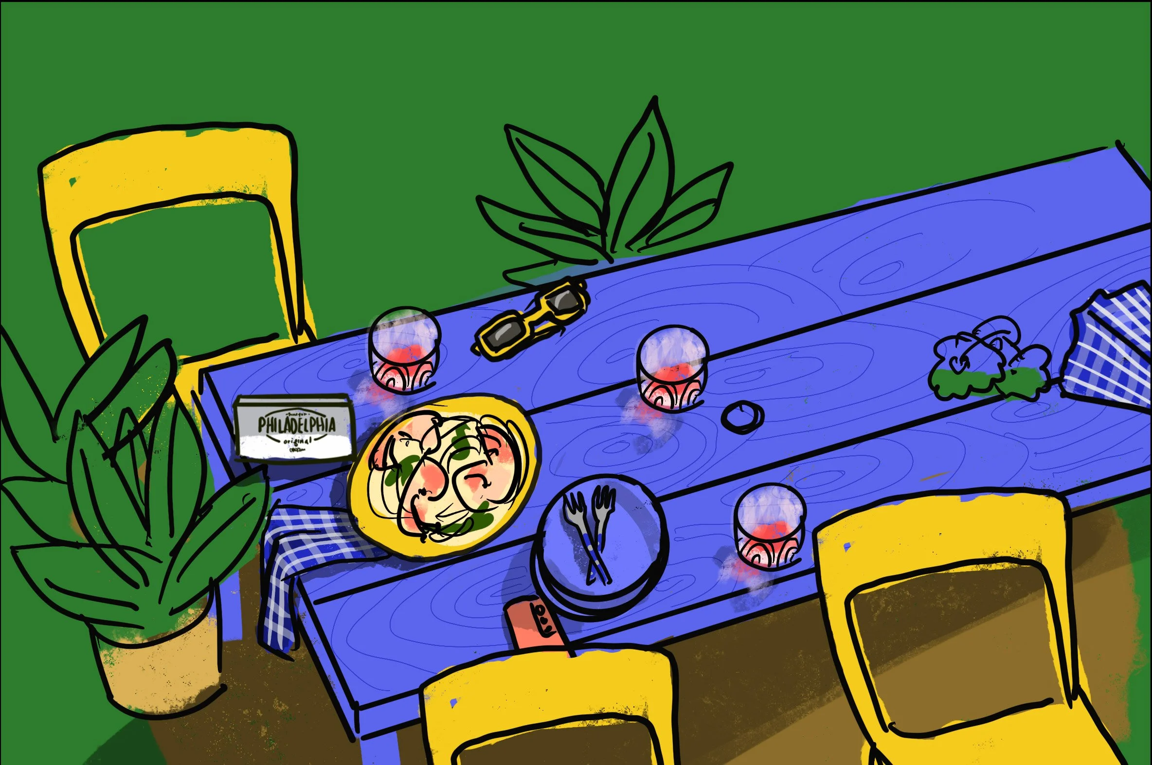 Pre-production hero sketch by Suzanne Clements, Philadelphia Cream Cheese Spring 2025 campaign for Kraft Heinz, creamy shrimp pasta composition engineered for vertical crop and extreme wide web banner from a single shot, commercially represented Orla