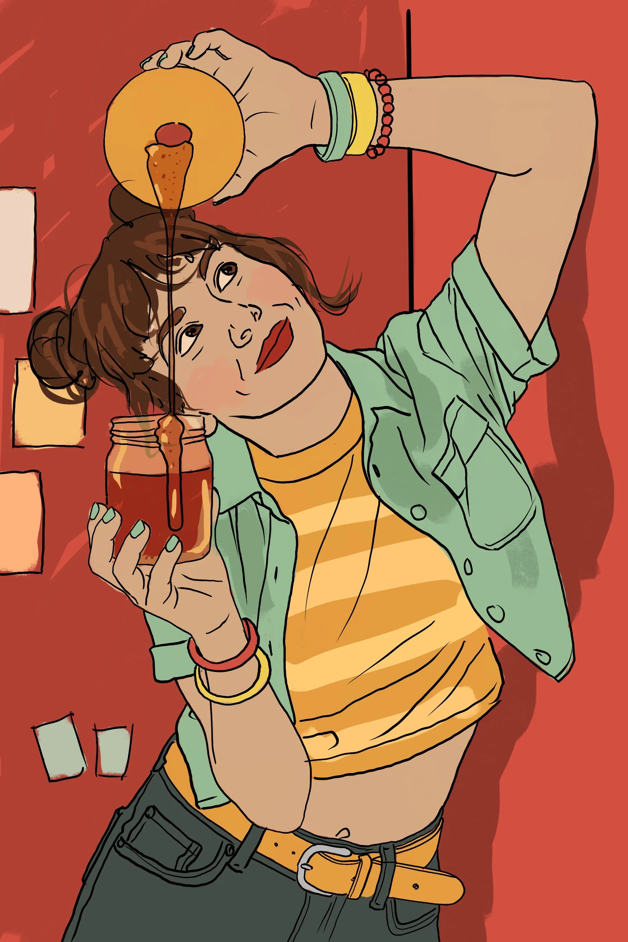 Pre-production sketch by Suzanne Clements for The Sauce Boss spec campaign: a young woman in a mint vest and striped crop top leans against a red wall, drizzling chili hot honey from a donut into a jar.