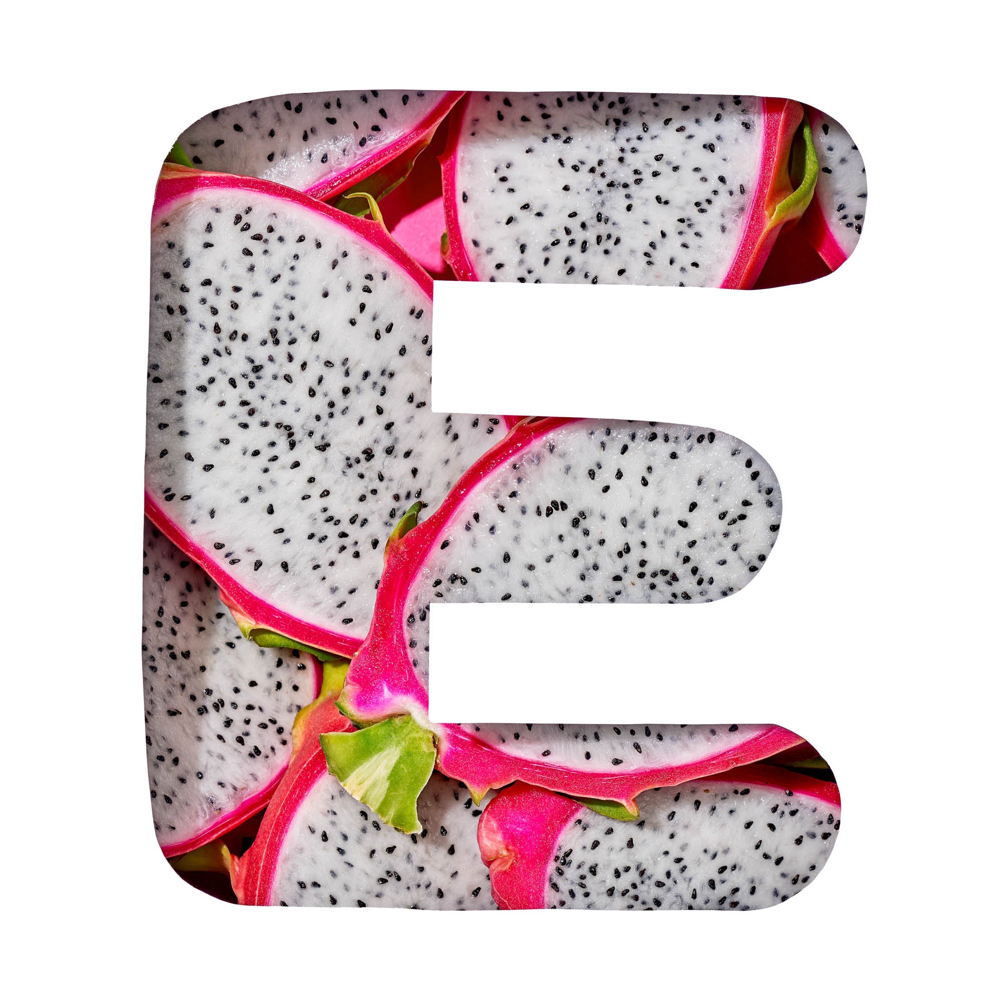 The letter E filled with sliced dragon fruit showing white speckled flesh and hot pink rind, part of Suzanne Clements' produce-spelled SUMMER title card for the Publix summer campaign.