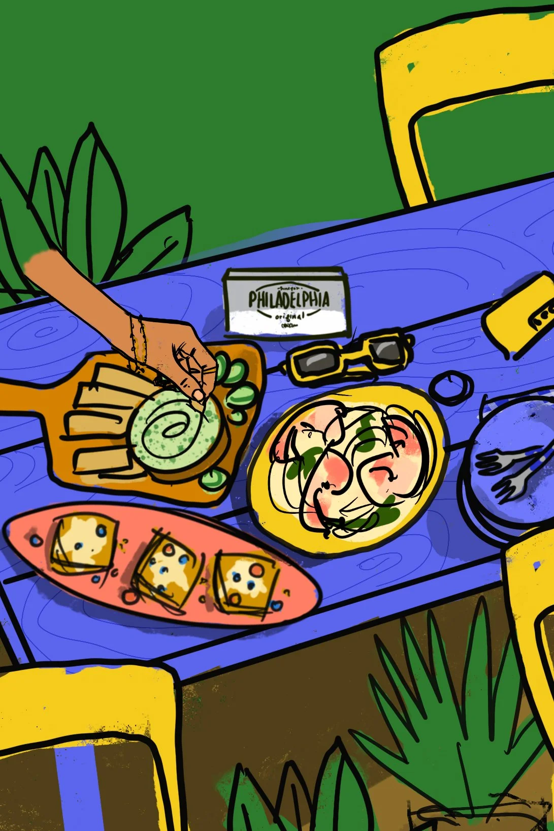 Pre-production group shot sketch by Suzanne Clements, Philadelphia Cream Cheese Spring 2025 campaign for Kraft Heinz, patio spread composition with hand talent, commercially represented Orlando and Chicago photographer available in the Southeast, New