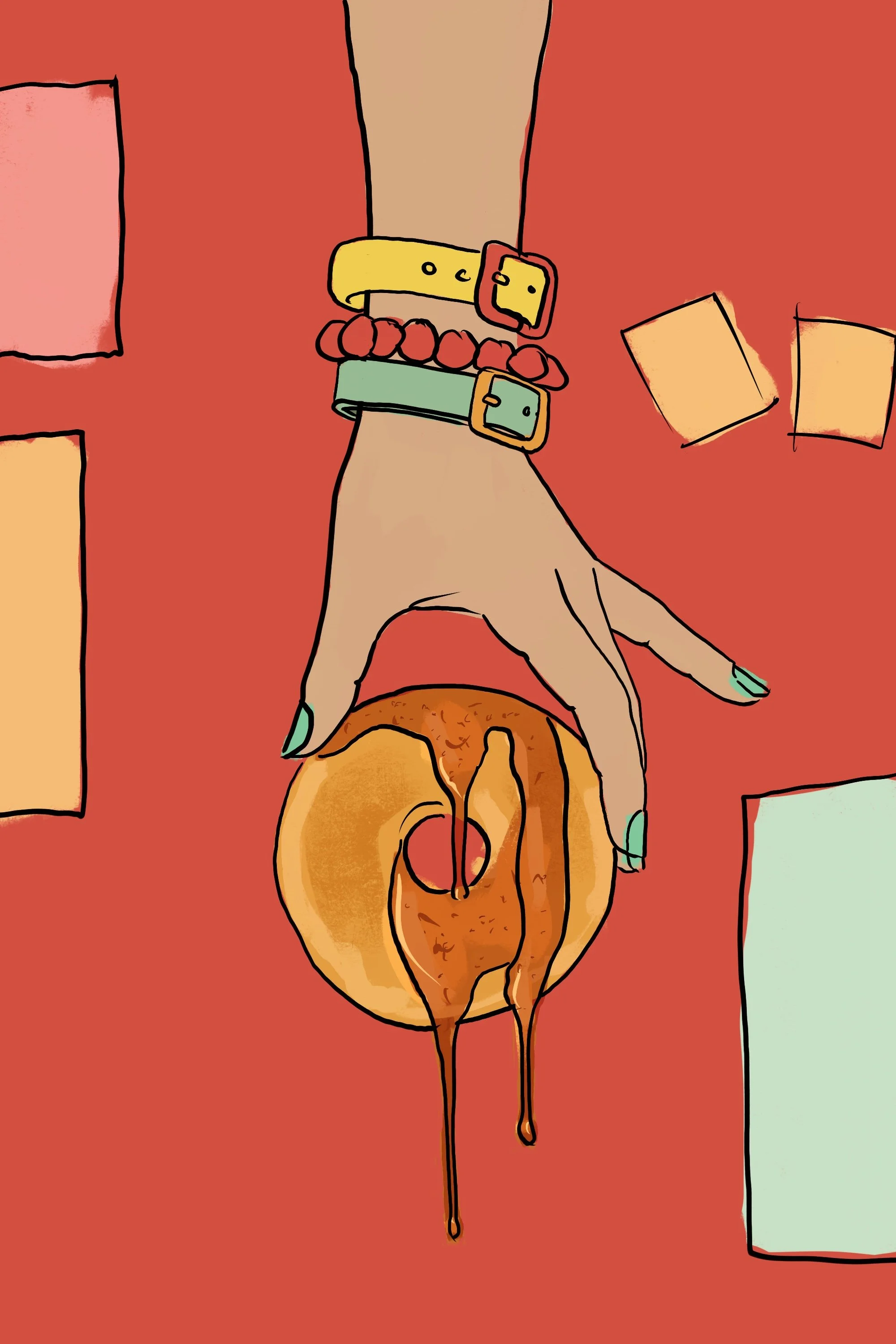 Pre-production hands-only sketch by Suzanne Clements for The Sauce Boss spec campaign: a hand with mint nails and stacked buckle bracelets dangles a donut dripping hot honey against a red background.