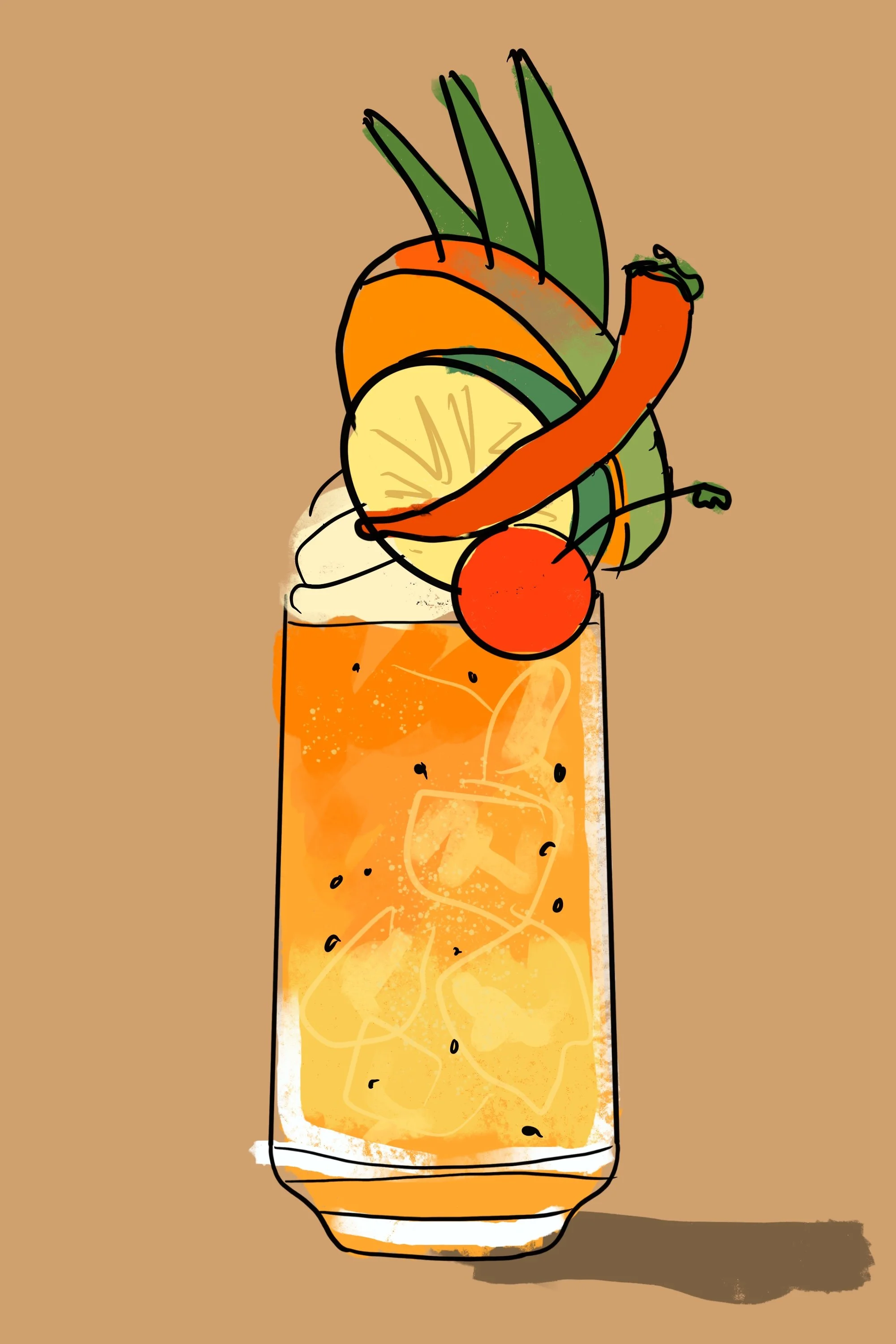 Mango Kombucha soda sketched in Procreate by photographer Suzanne Clements to demonstrate the look and feel she wanted for this particular beverage