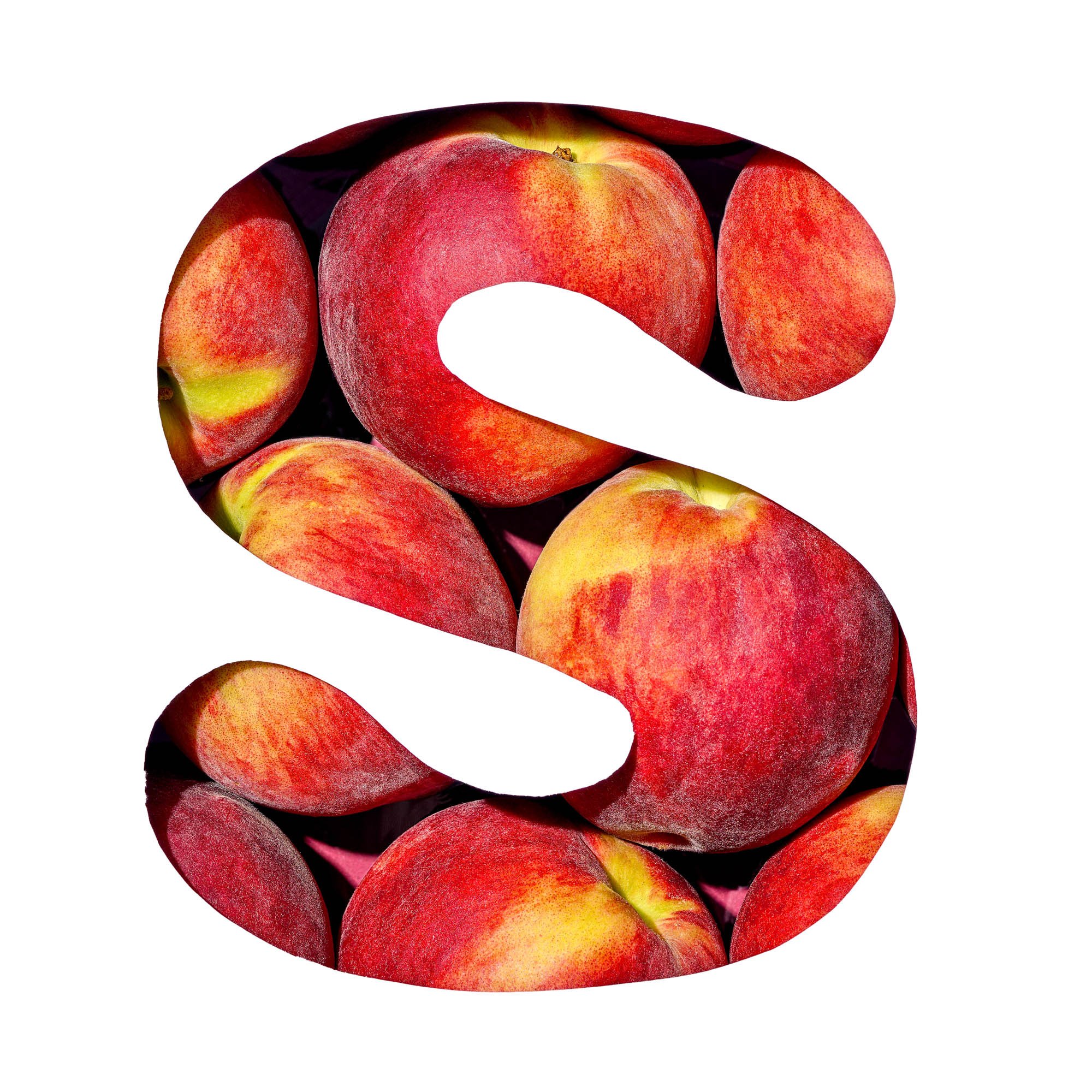 The letter S filled with whole red and gold peaches, part of Suzanne Clements' produce-spelled SUMMER title card for the Publix summer campaign.