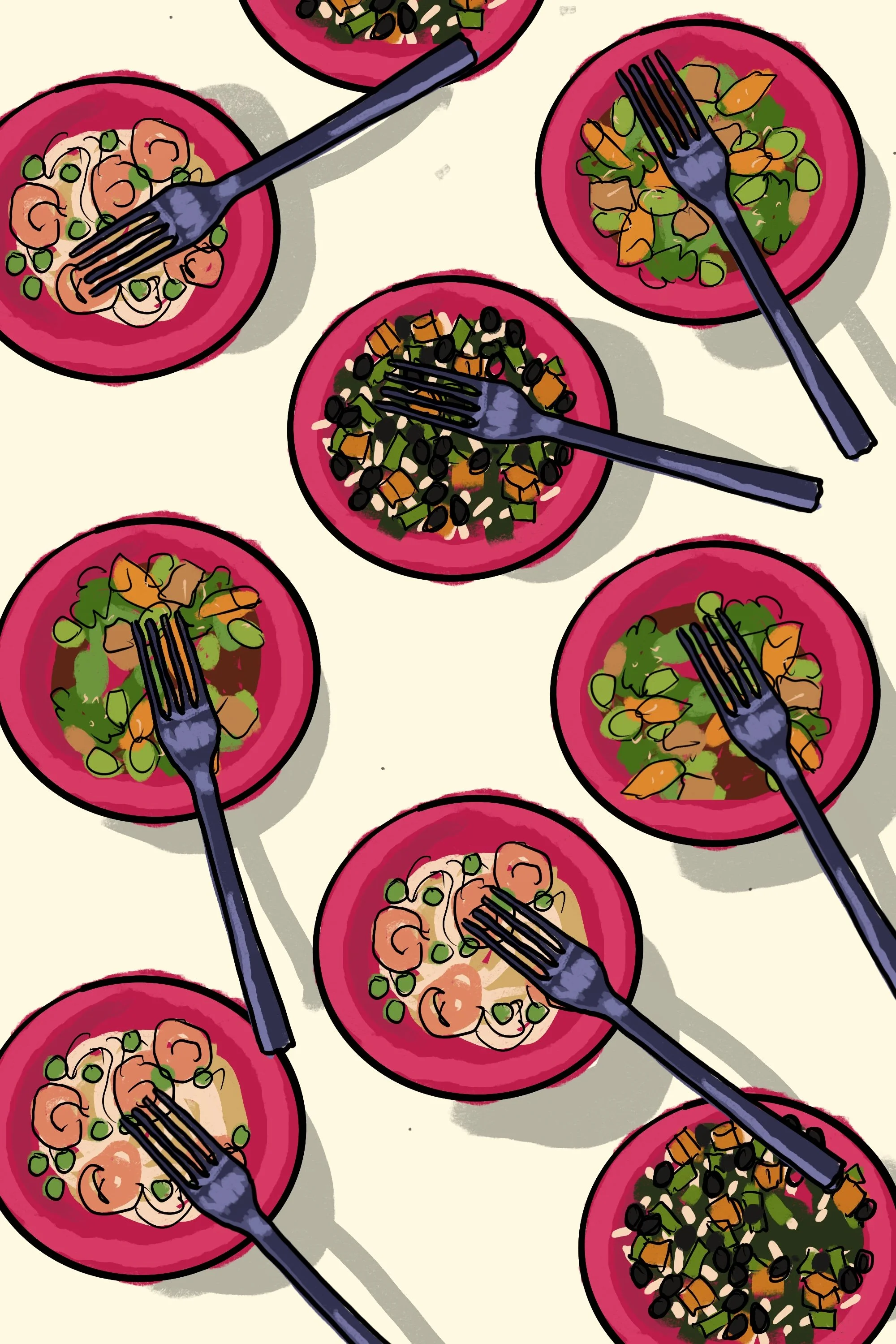 Hand-drawn sketch in Procreate to illustrate for the client how I envision this shot coming together. This food shoot would involve three different microwave dinners, Shrimp pasta, Vegetarian black beans and rice, and a chicken teriyaki stir fry.