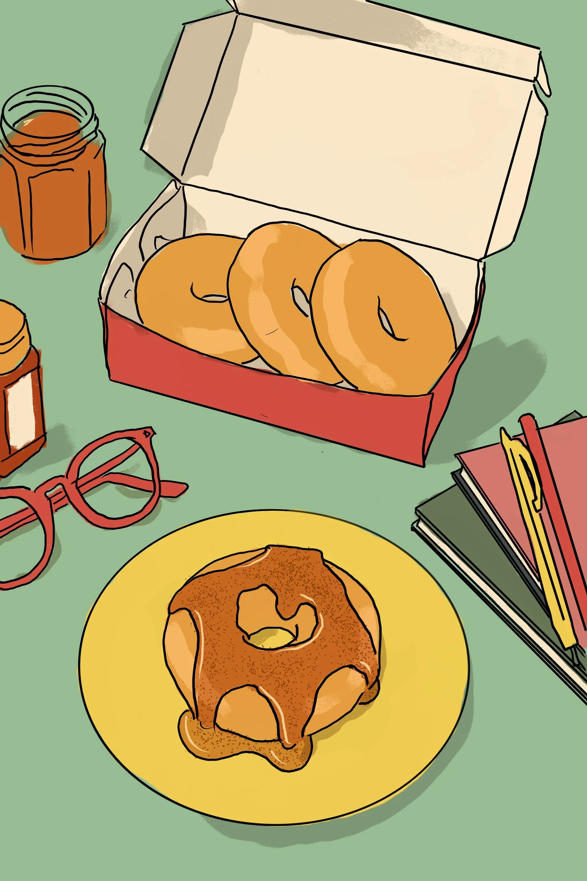 Pre-production tabletop sketch by Suzanne Clements for The Sauce Boss spec campaign: an open red bakery box of plain donuts, a hot honey jar, red glasses, notebooks, and a honey-glazed donut on a yellow plate.