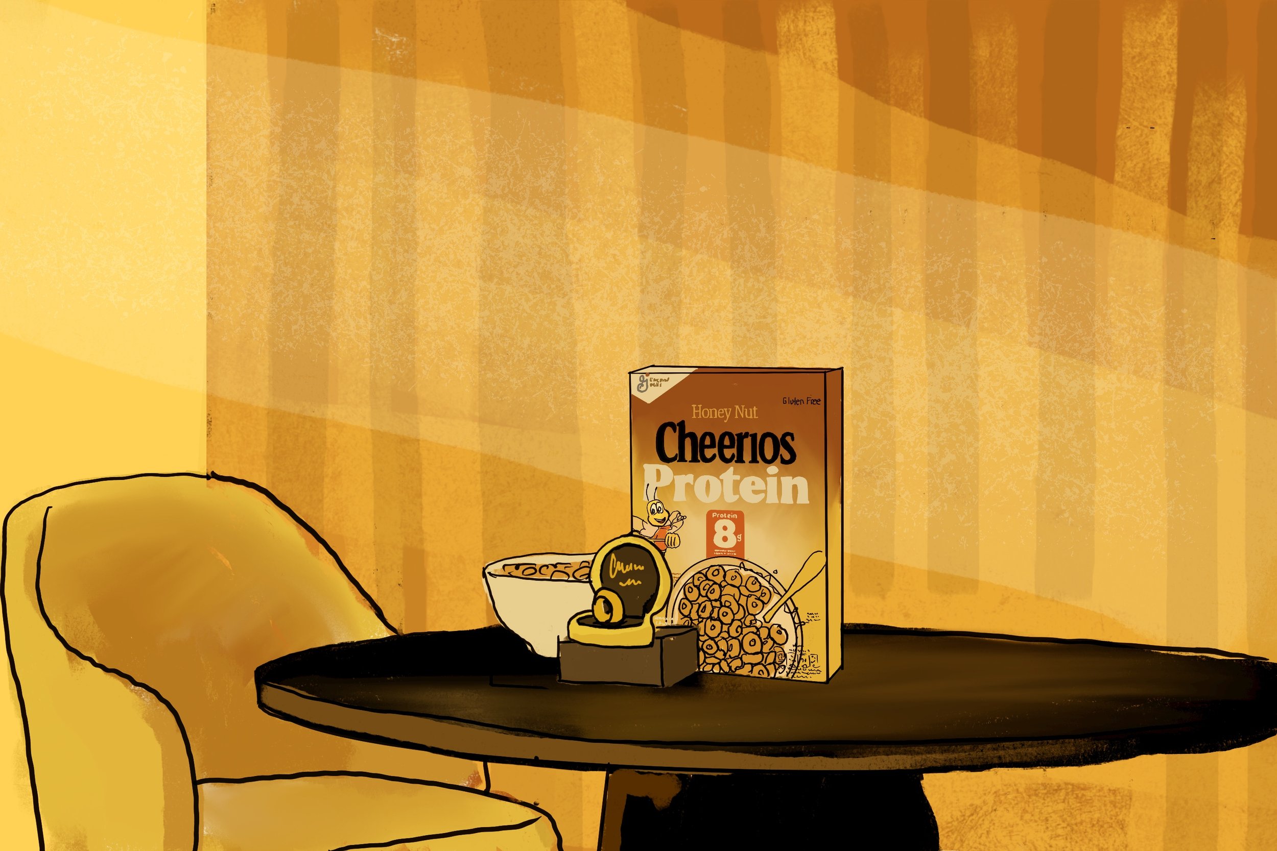 Procreate sketch of the product packaging, a tasty bowl of cereal and the campaign star, the 8k gold ring and box. Suzanne Clements creates these sketches to help get her entire team and the client on the same page ahead of shoot day.