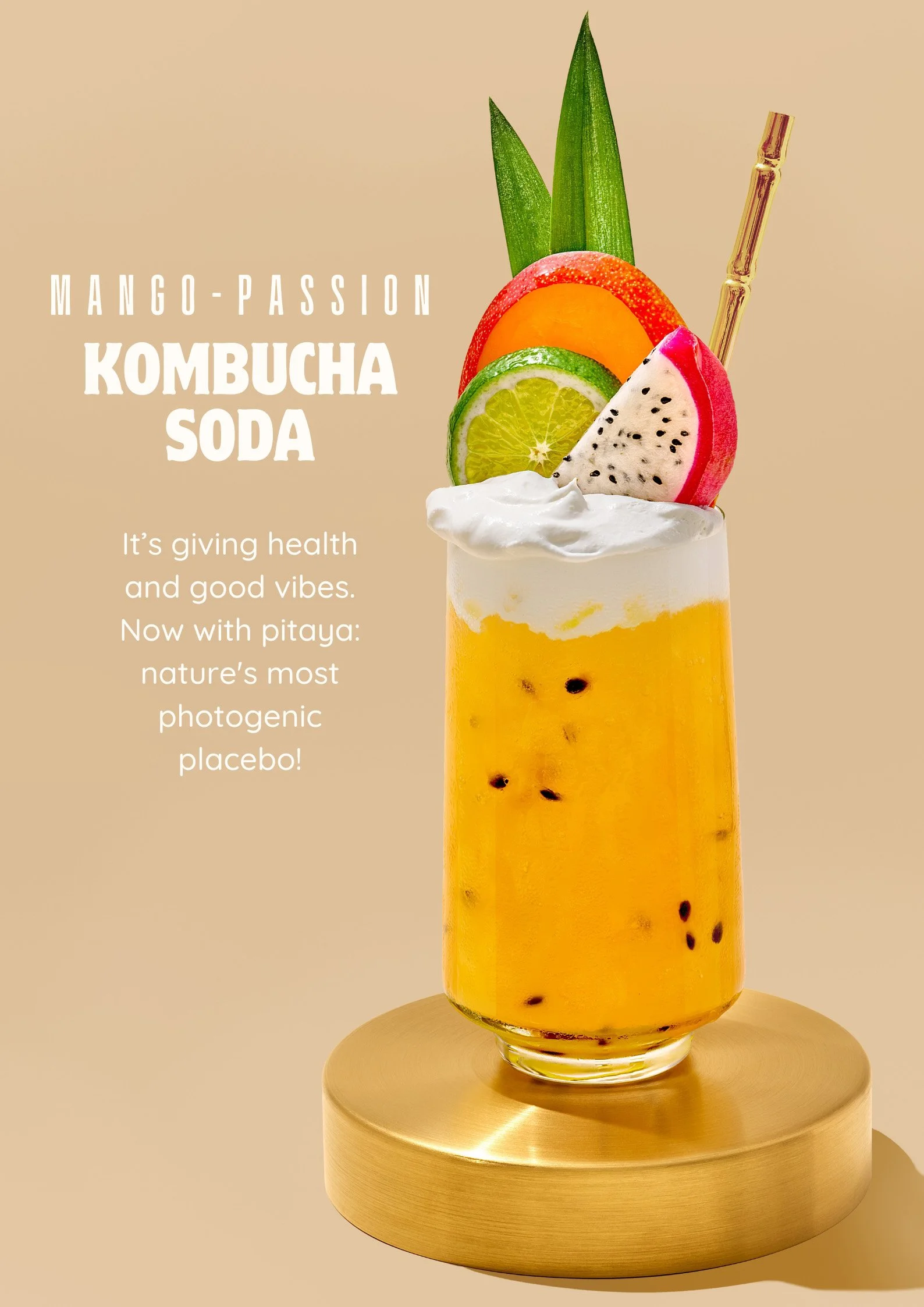 Mango passionfruit Kombucha Soda menu board artwork photographed by commercial photographer and director, Suzanne Clements.  Represented in Chicago, works in NYC, LA, Orlando, Florida, and everywhere in between.