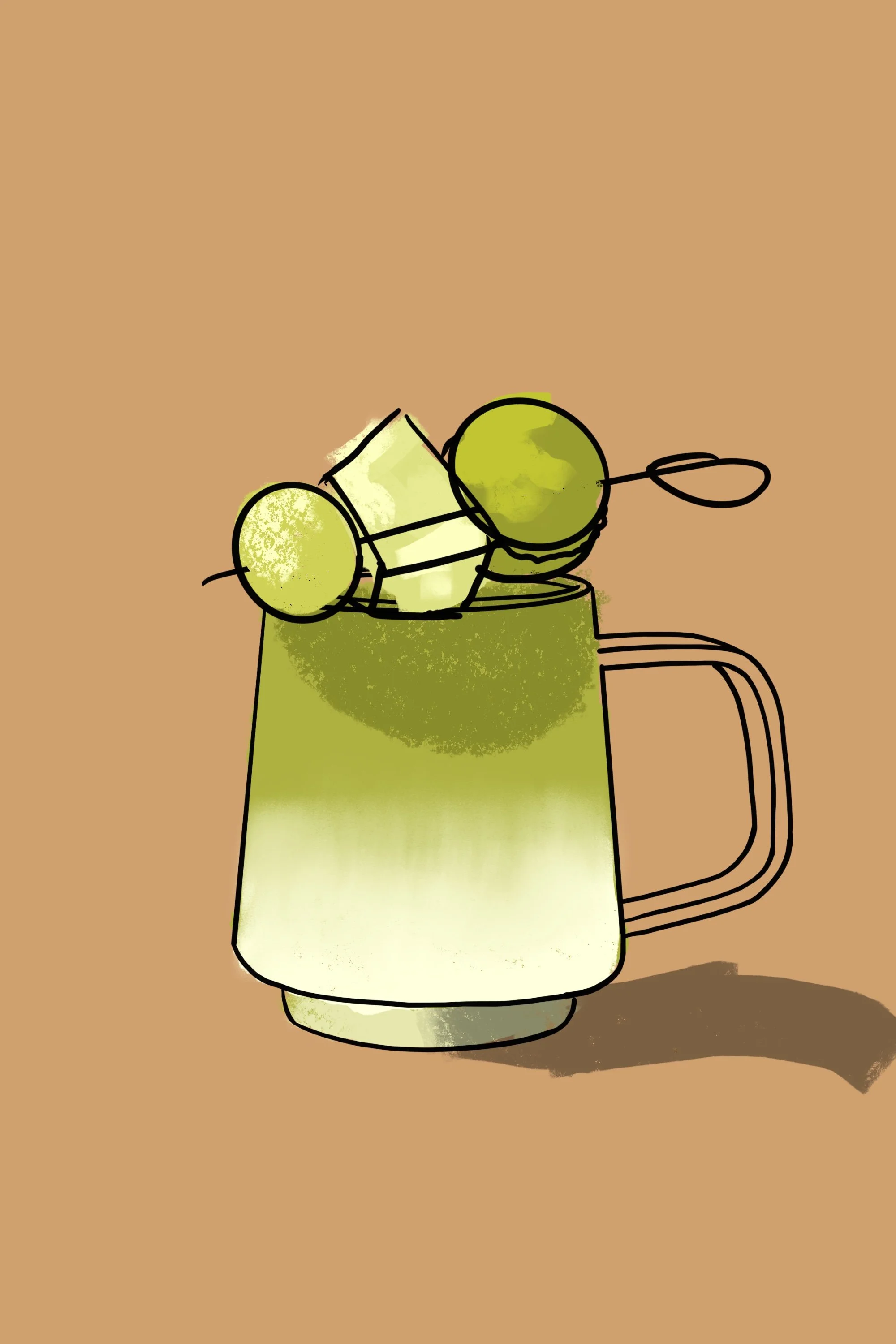 Hand-drawn sketch by Suzanne Clements in Procreate demonstrating some thoughts on garnish and propping for the Matcha Latte Drink