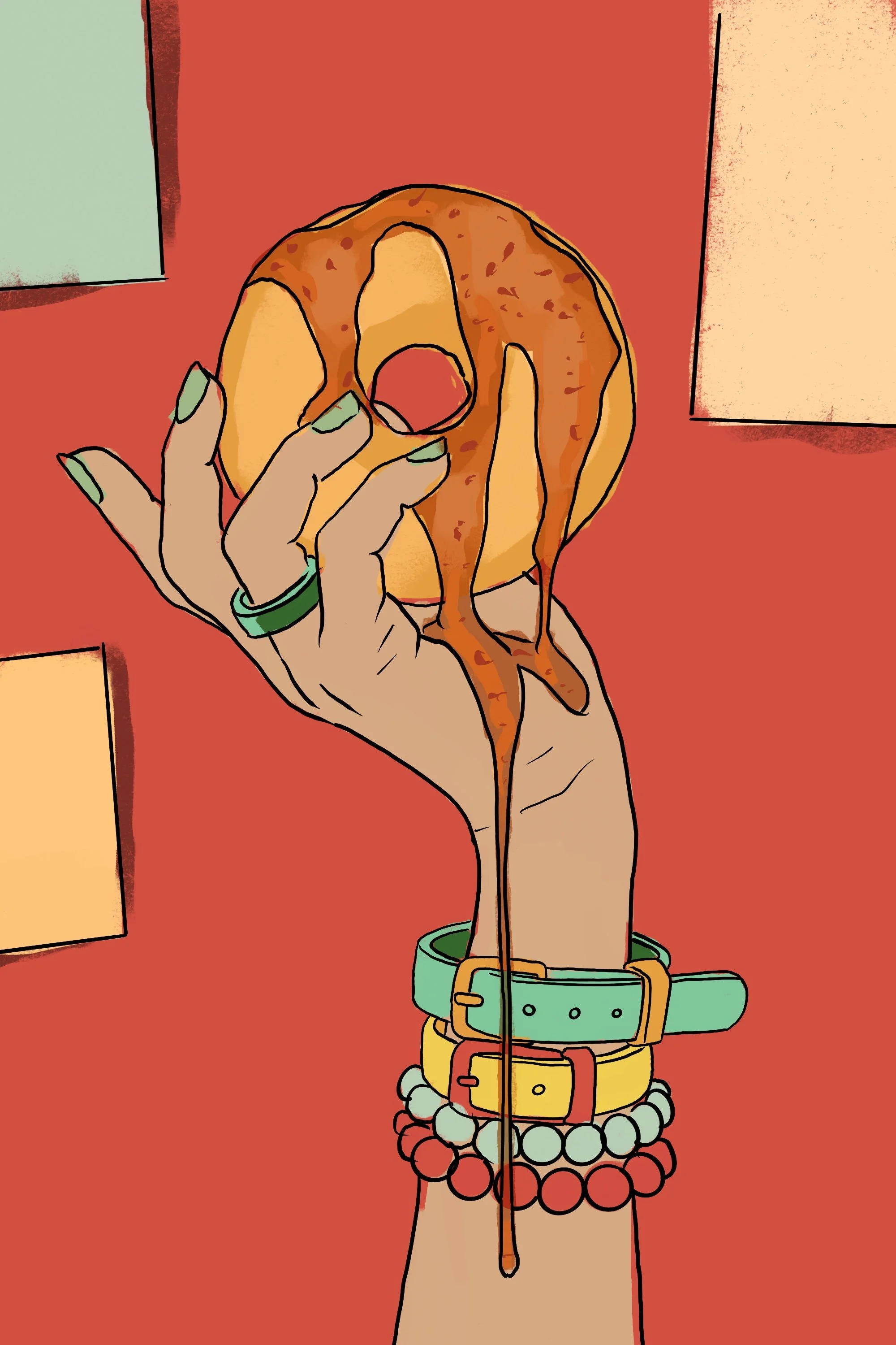 Pre-production hands-only sketch by Suzanne Clements for The Sauce Boss spec campaign: a raised hand with mint nails holds a hot honey donut as a long drip runs past stacked bracelets.