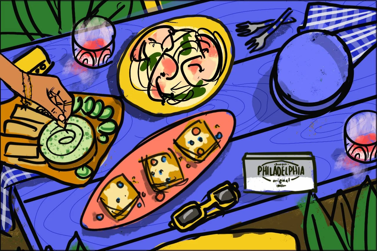 Pre-production wide composition sketch by Suzanne Clements, Philadelphia Cream Cheese Spring 2025 campaign for Kraft Heinz, horizontal patio spread with hand talent, commercially represented Orlando and Chicago photographer available in the Southeast