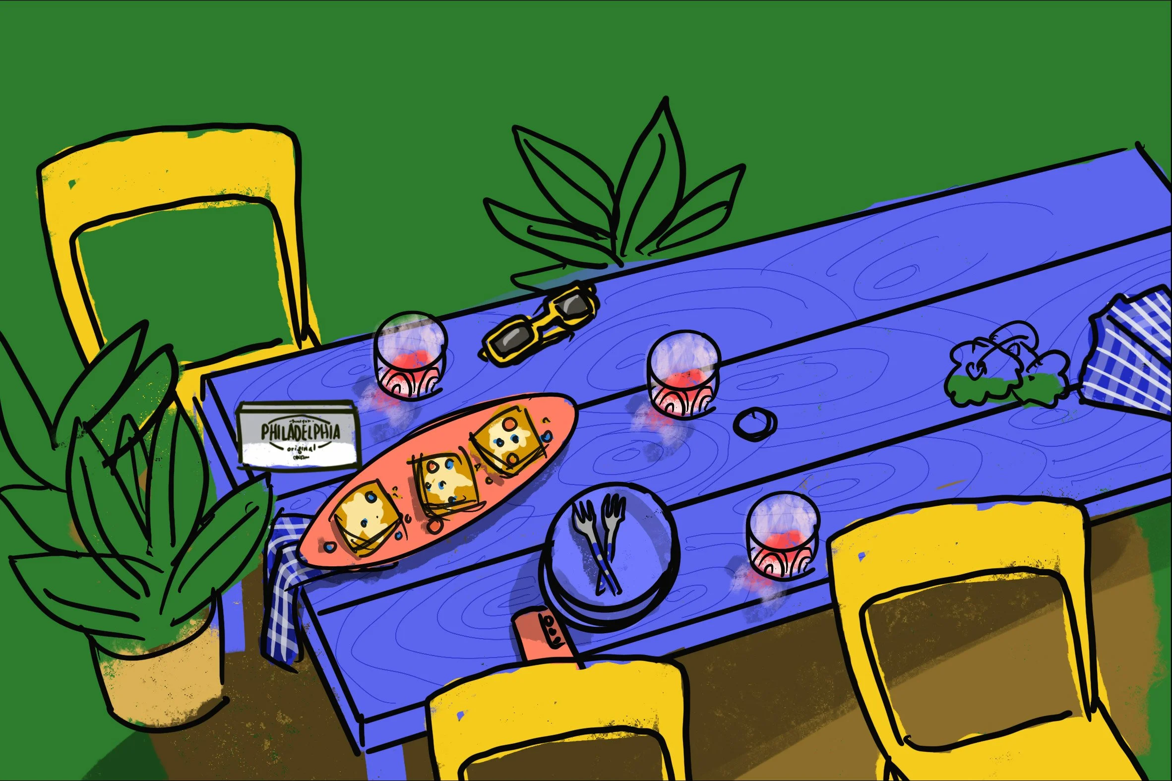 Pre-production hero sketch by Suzanne Clements, Philadelphia Cream Cheese Spring 2025 campaign for Kraft Heinz, creamy puff pastry composition engineered for vertical crop and extreme wide web banner from a single shot, commercially represented Orlan