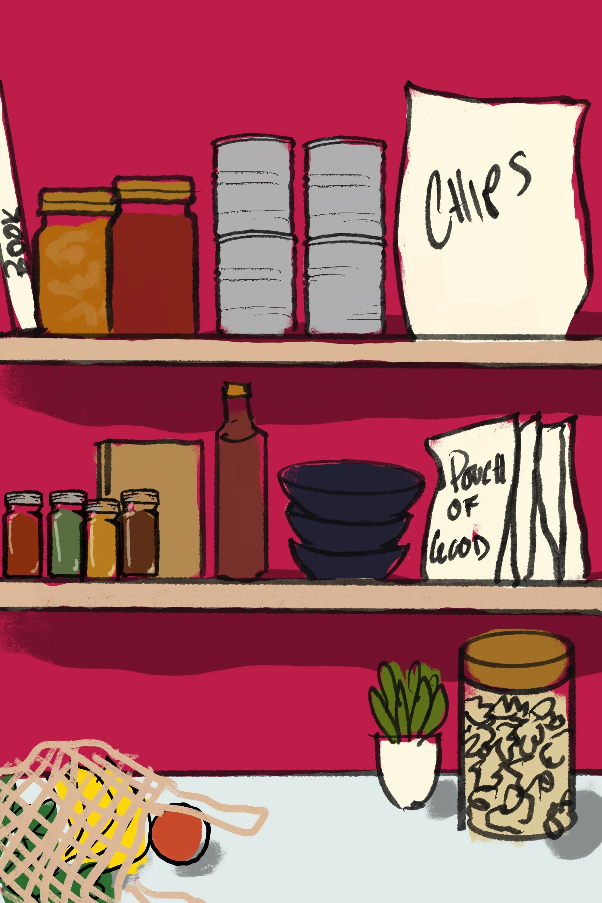 A colorful pantry filled with tasty stables ready to make meals or prepare a quick snack. Sketched in Procreate, this illustration is a huge part of my creative process and gets my clients and my entire team on the same page.