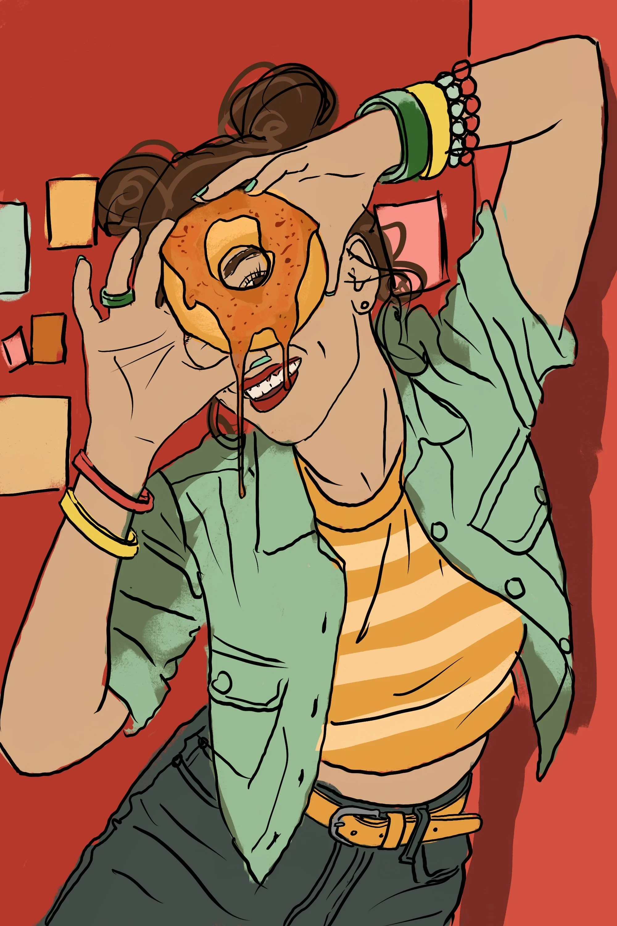 Pre-production sketch by Suzanne Clements for The Sauce Boss spec campaign: a playful young woman peeks through the hole of a hot honey donut held over her eye, honey dripping toward her grin.