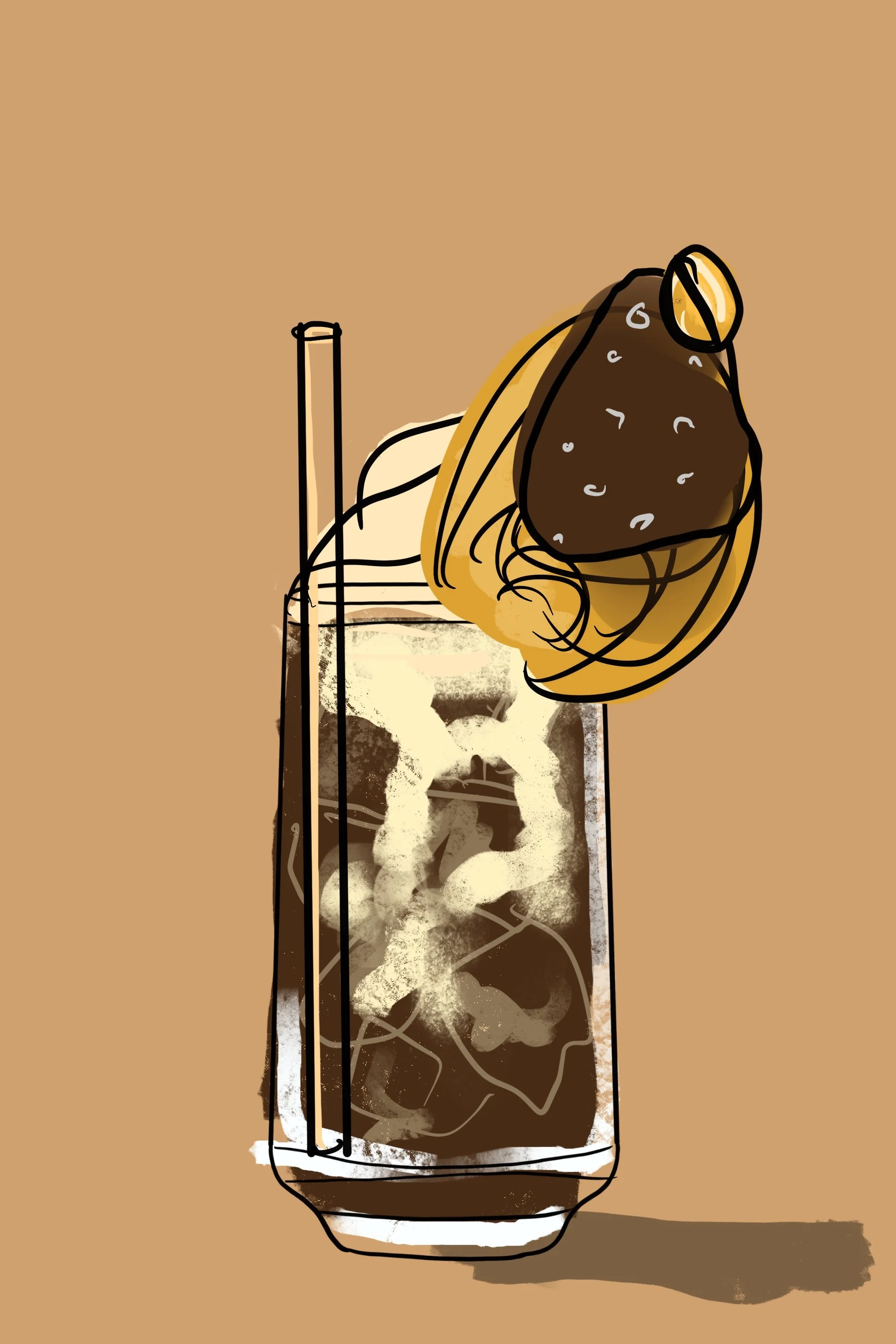 Over-the-top cold brew pour beverage photo pre-production sketch by photographer Suzanne Clements, used to plan out the beverage shoot.