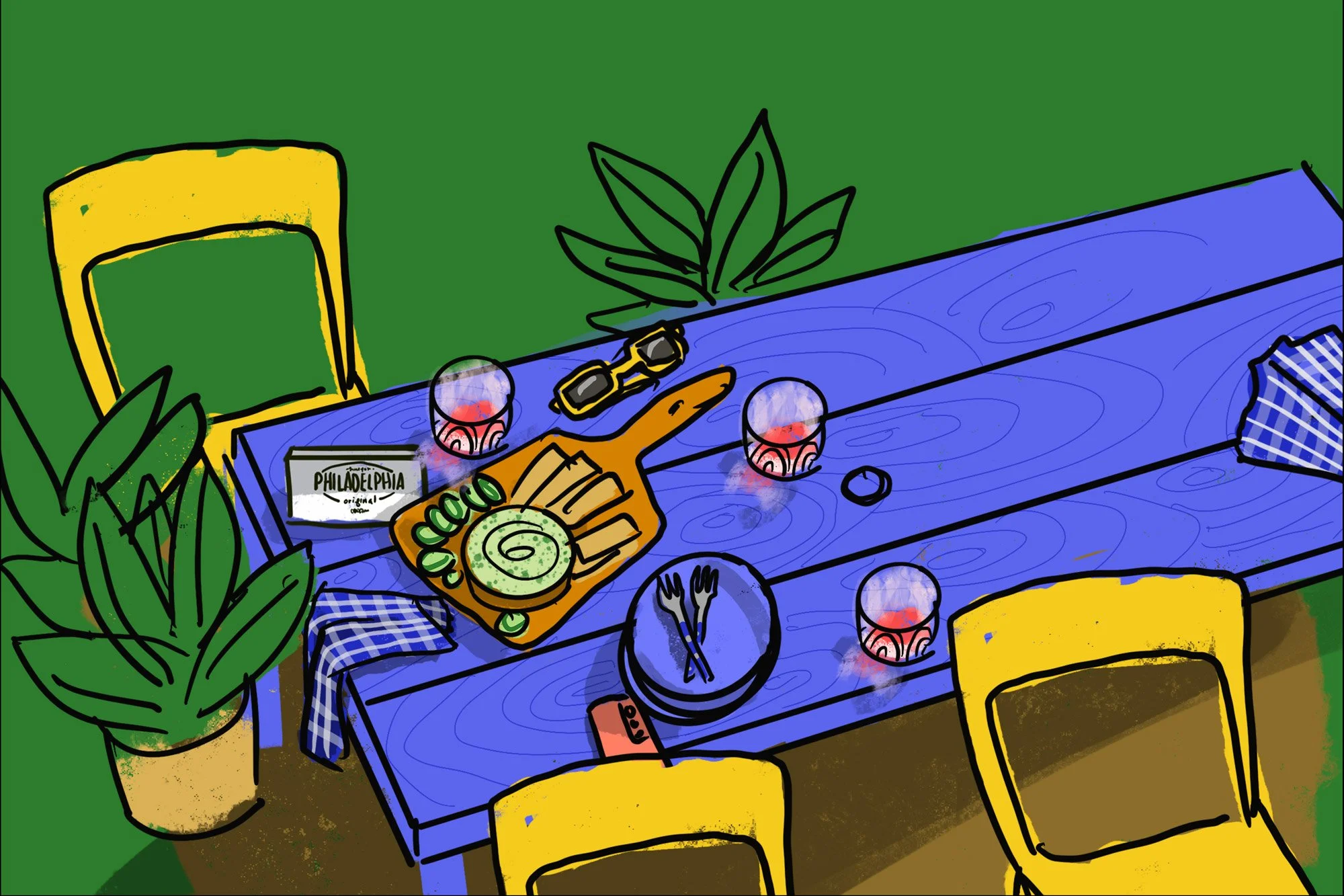 Pre-production hero sketch by Suzanne Clements, Philadelphia Cream Cheese Spring 2025 campaign for Kraft Heinz, creamy spinach dip composition engineered for vertical crop and extreme wide web banner from a single shot, commercially represented Orlan