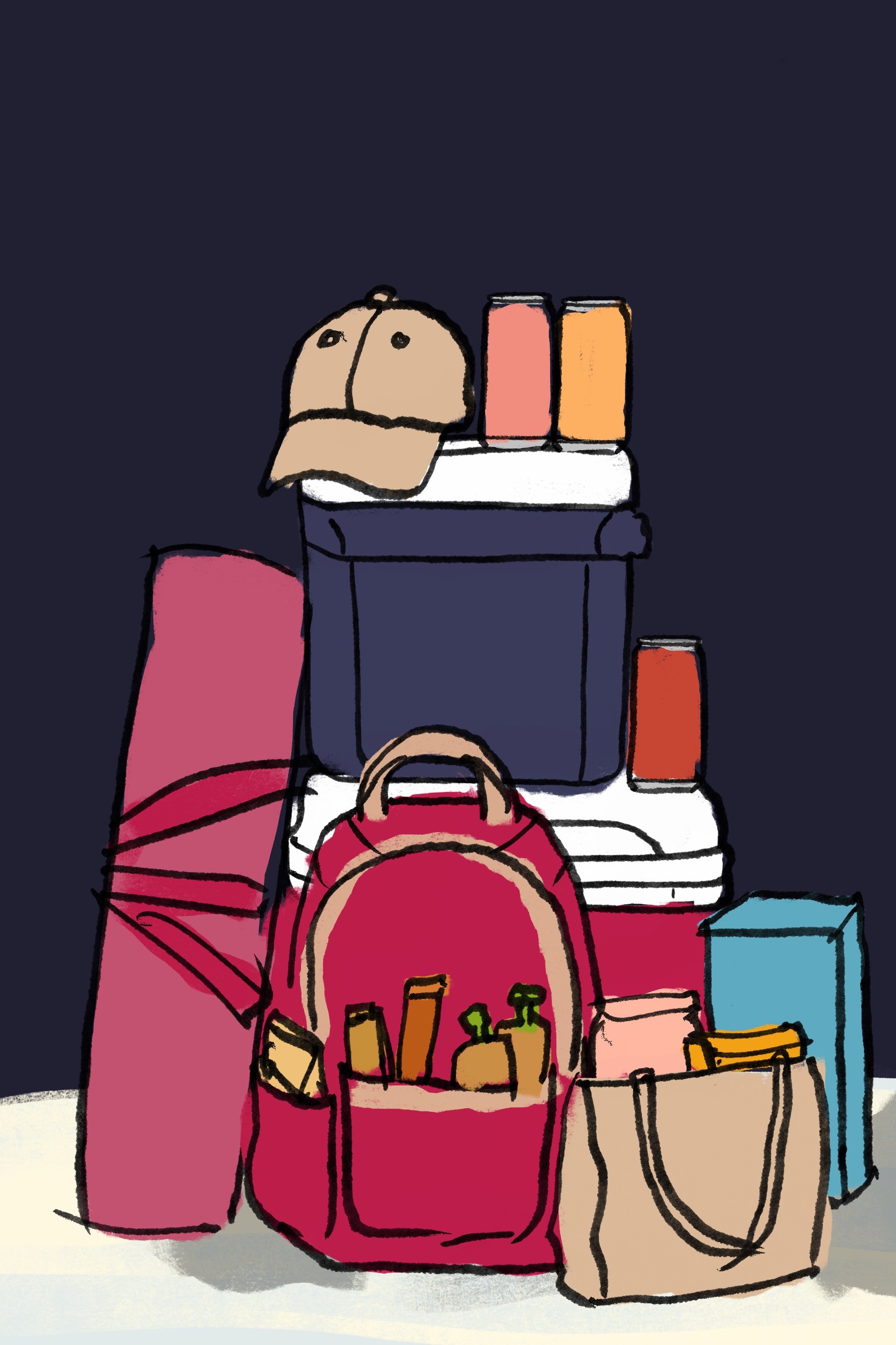 All packed up and ready for adventure, this hand-drawn sketch outlines what props we'll need as well as the composition in general. Drawings like this, done in Procreate, get my team and my client all on the same page, making shoot day super seamless